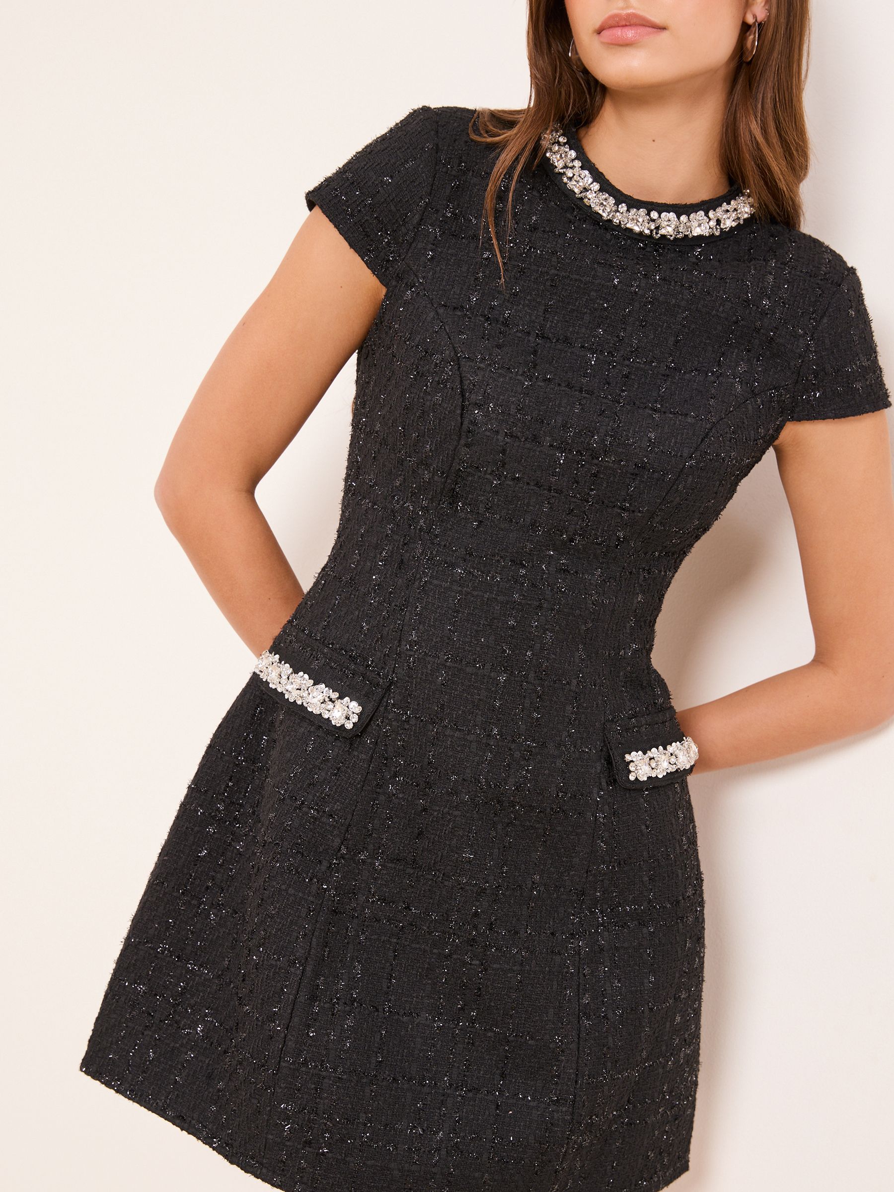 Lipsy Black Boucle Pearl Trim High Neck Mini Dress