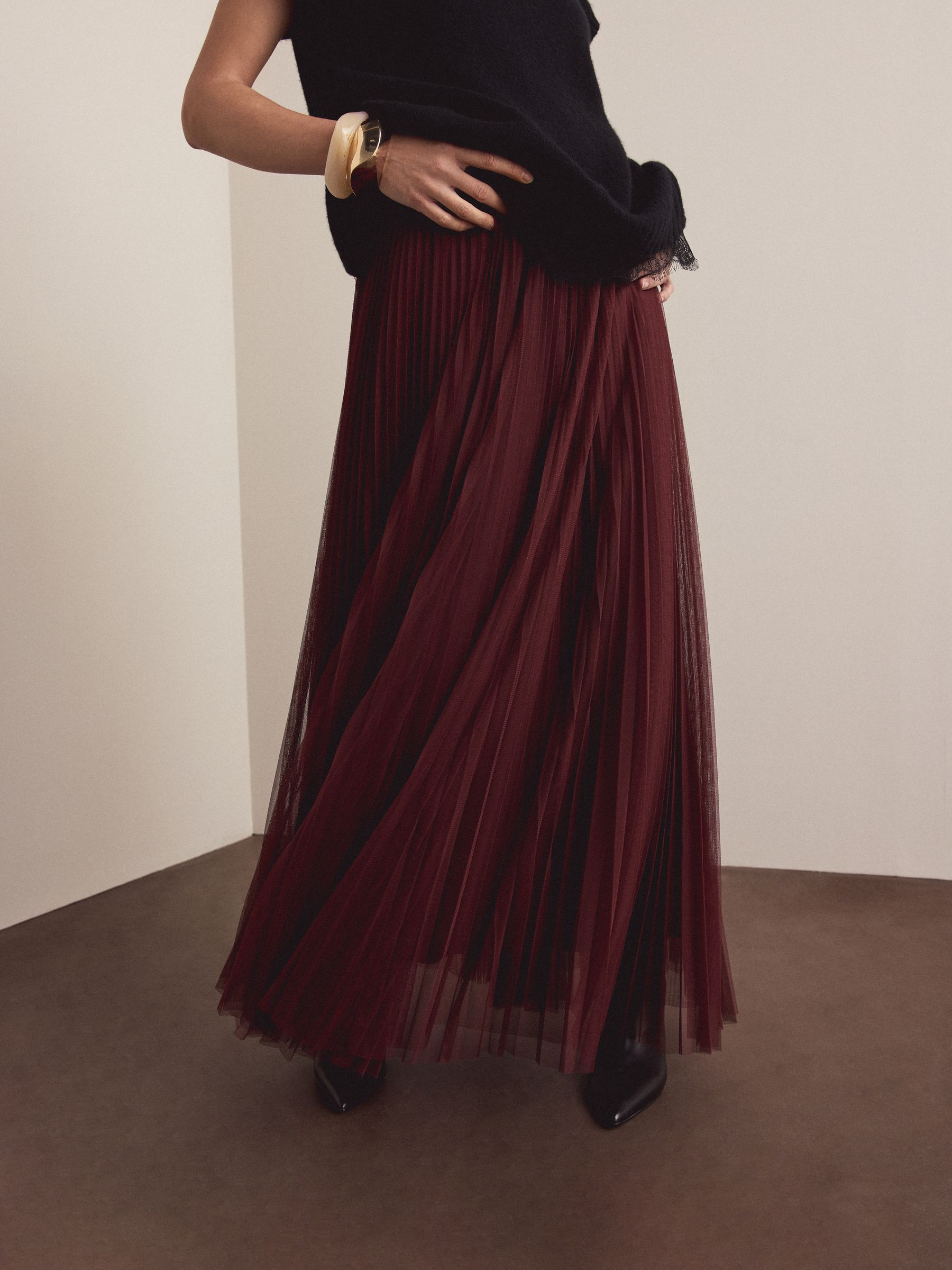 Burgundy Red Mesh Pleated Maxi Skirt