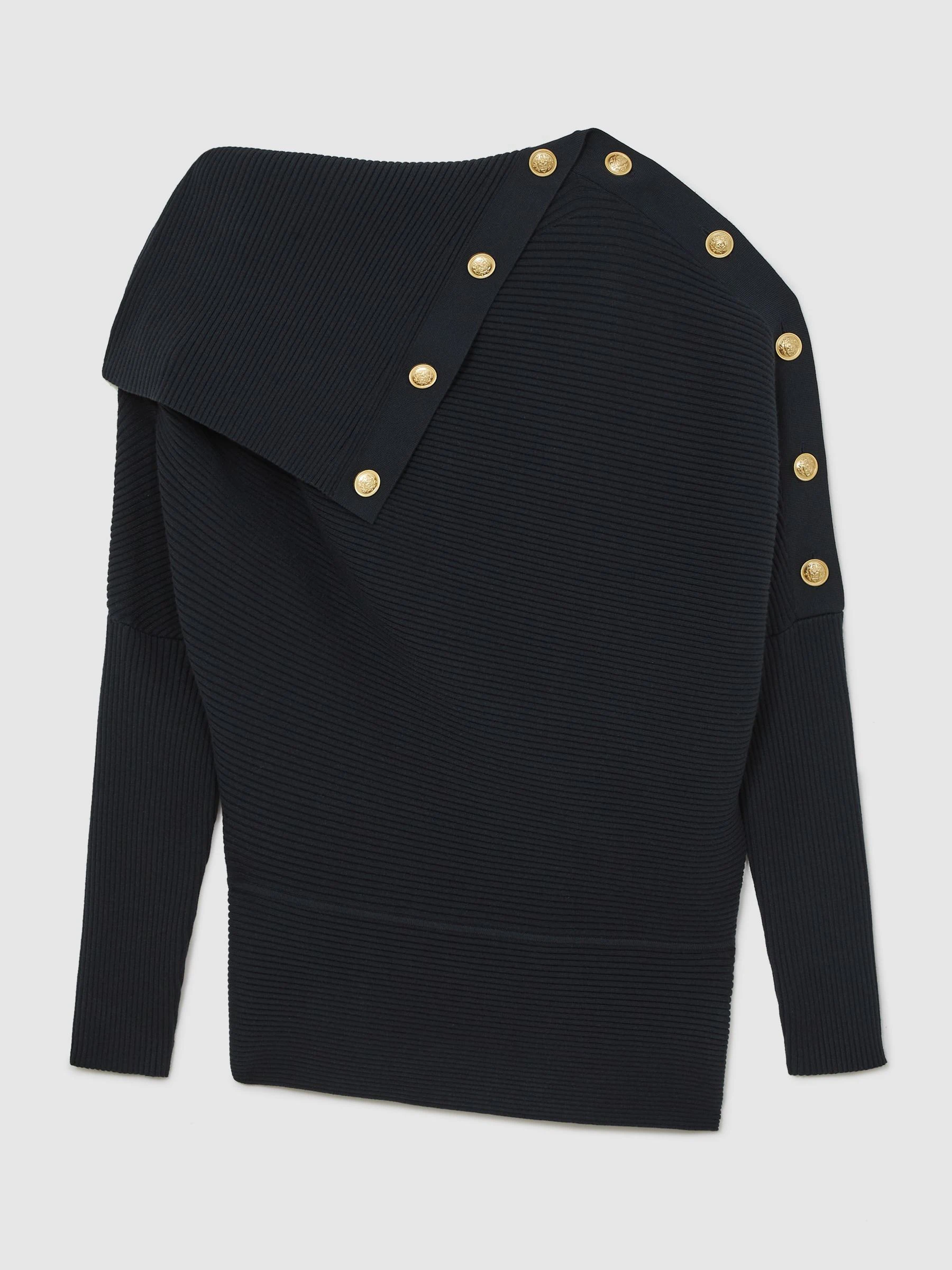 Reiss Navy Lexi Rib-Knit Button Shawl Jumper