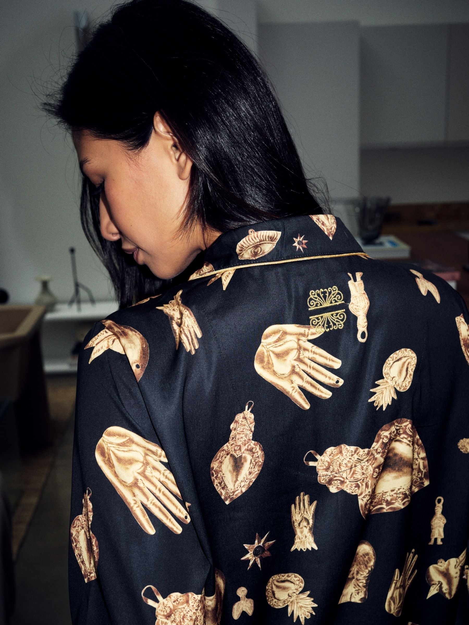 Never Fully Dressed Black/Gold Charm Satin Button Through Pyjamas