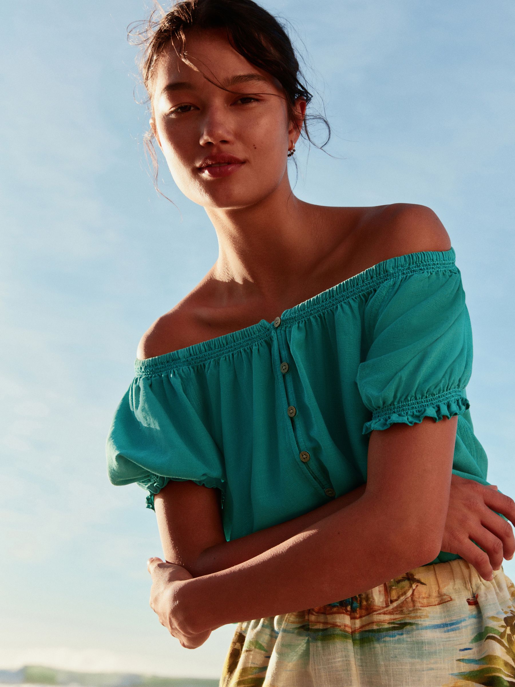 Teal Blue Puff Sleeve Button Front Bardot Top With Linen