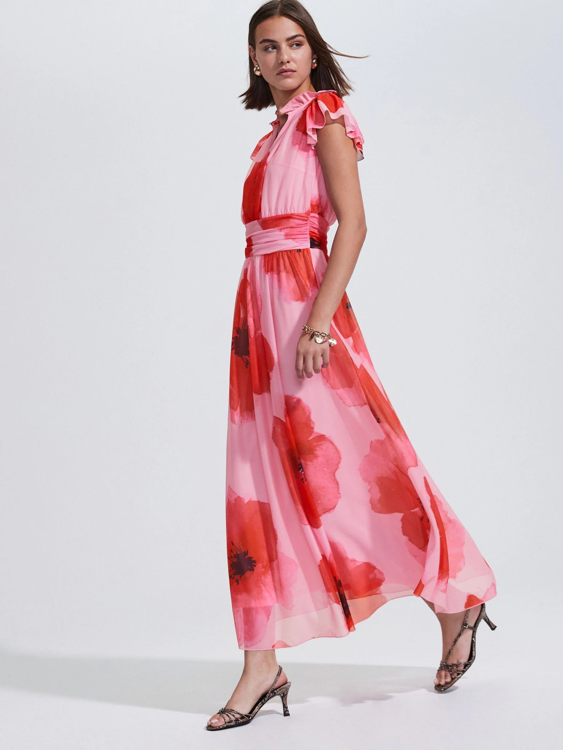 Red/Pink Floral Pleated Mesh Print V-Neck Occasion Maxi Dress