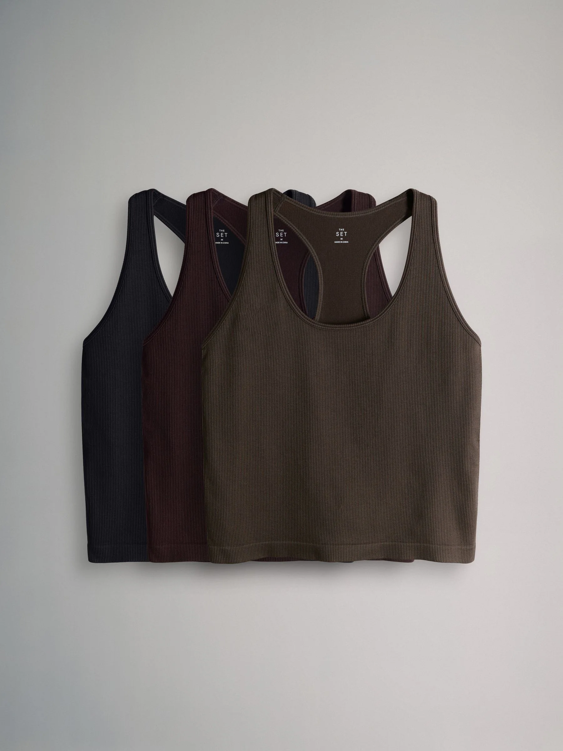 The Set 3 Pack Active Ribbed Racer Vest Black/Chocolate Brown/Khaki