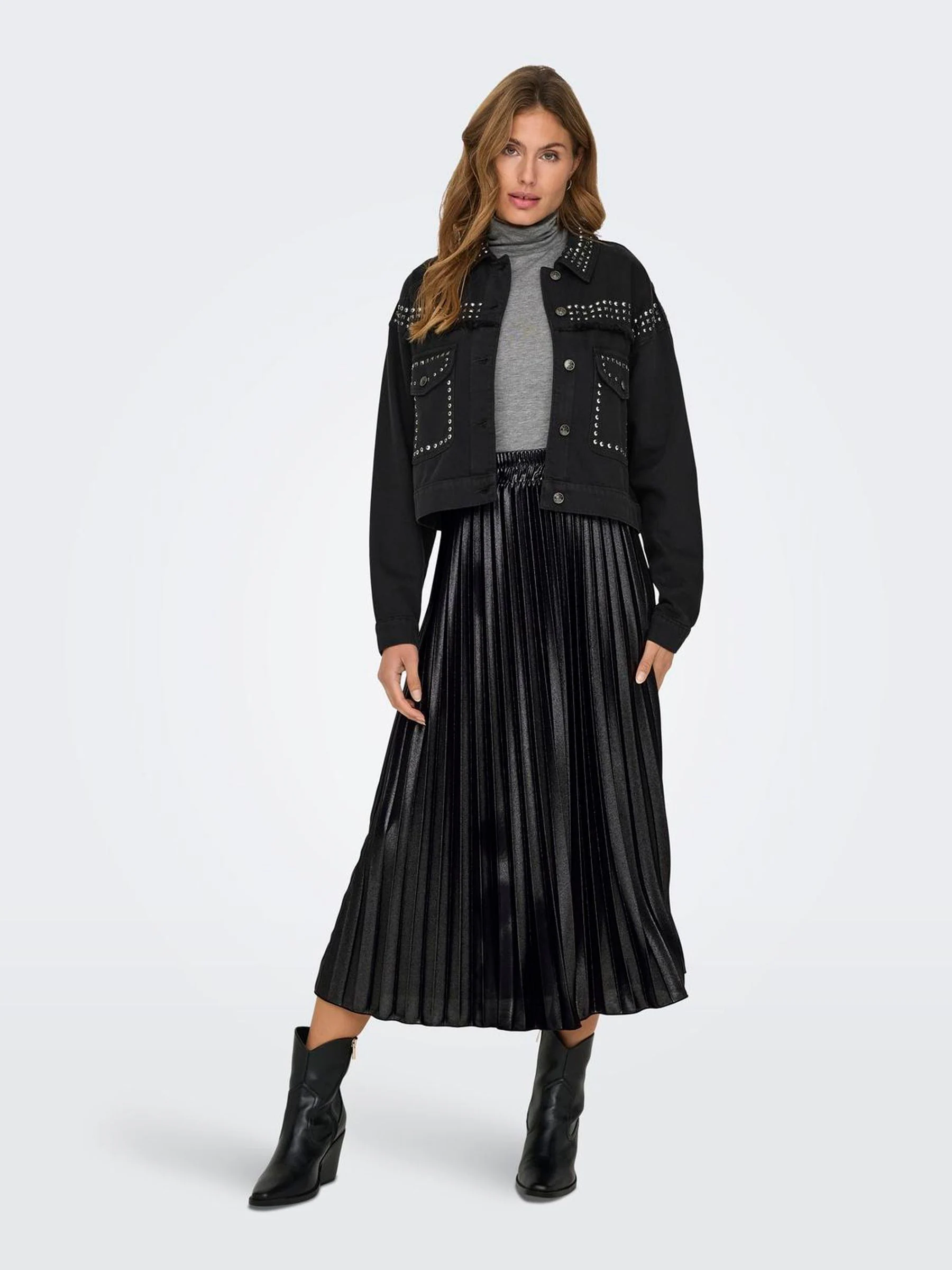 ONLY Black Metallic Pleated Midi Skirt