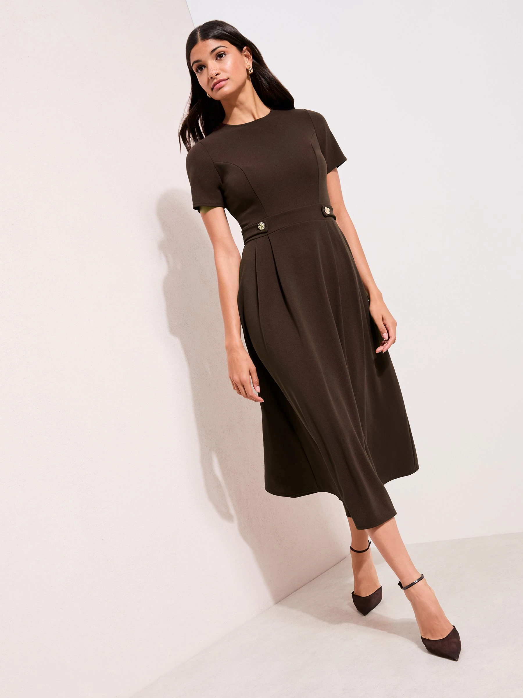 Friends Like These Brown Tab Detail Short Sleeve Midi Tailored Dress
