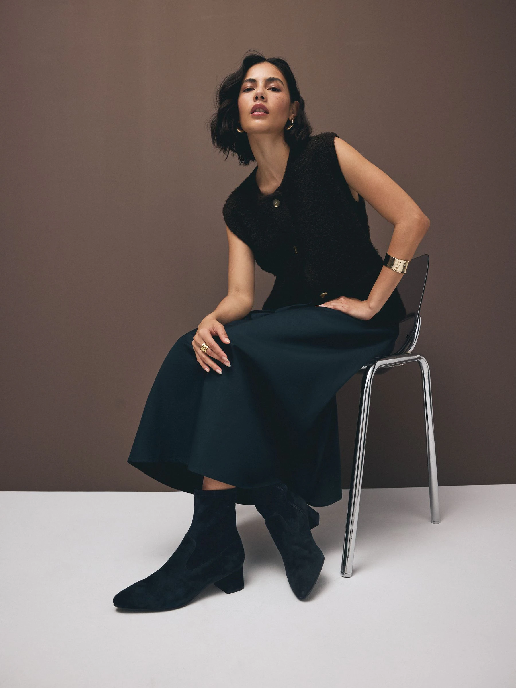 Navy Blue Suede Motionflex Block Heeled Sock Boots