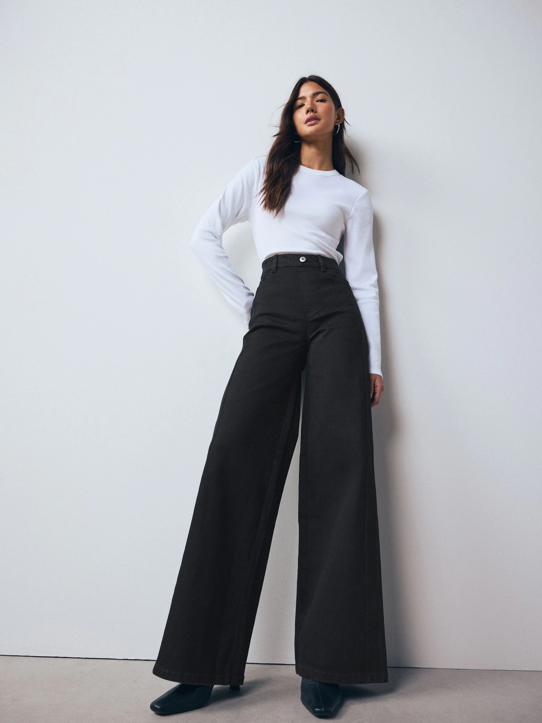 Black High Rise FlexiFit Stretch Pull On Wide Leg Jeans