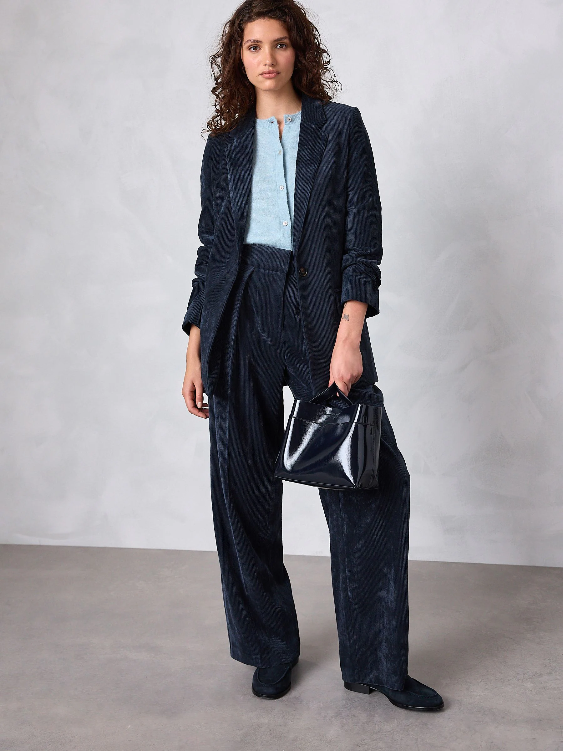 Navy Blue Cord Wide Leg Trousers