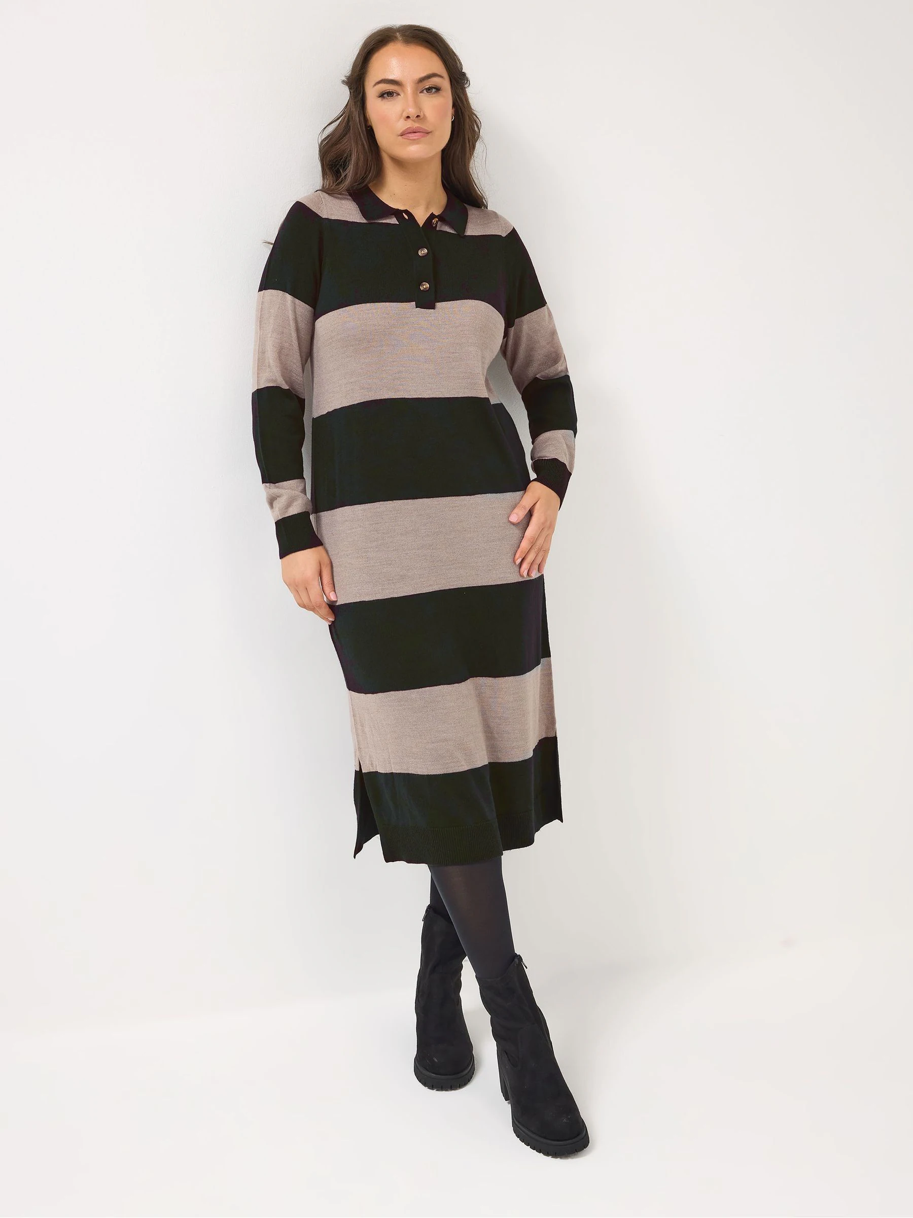 Yours Curve Black Rugby Collar Stripe Dress