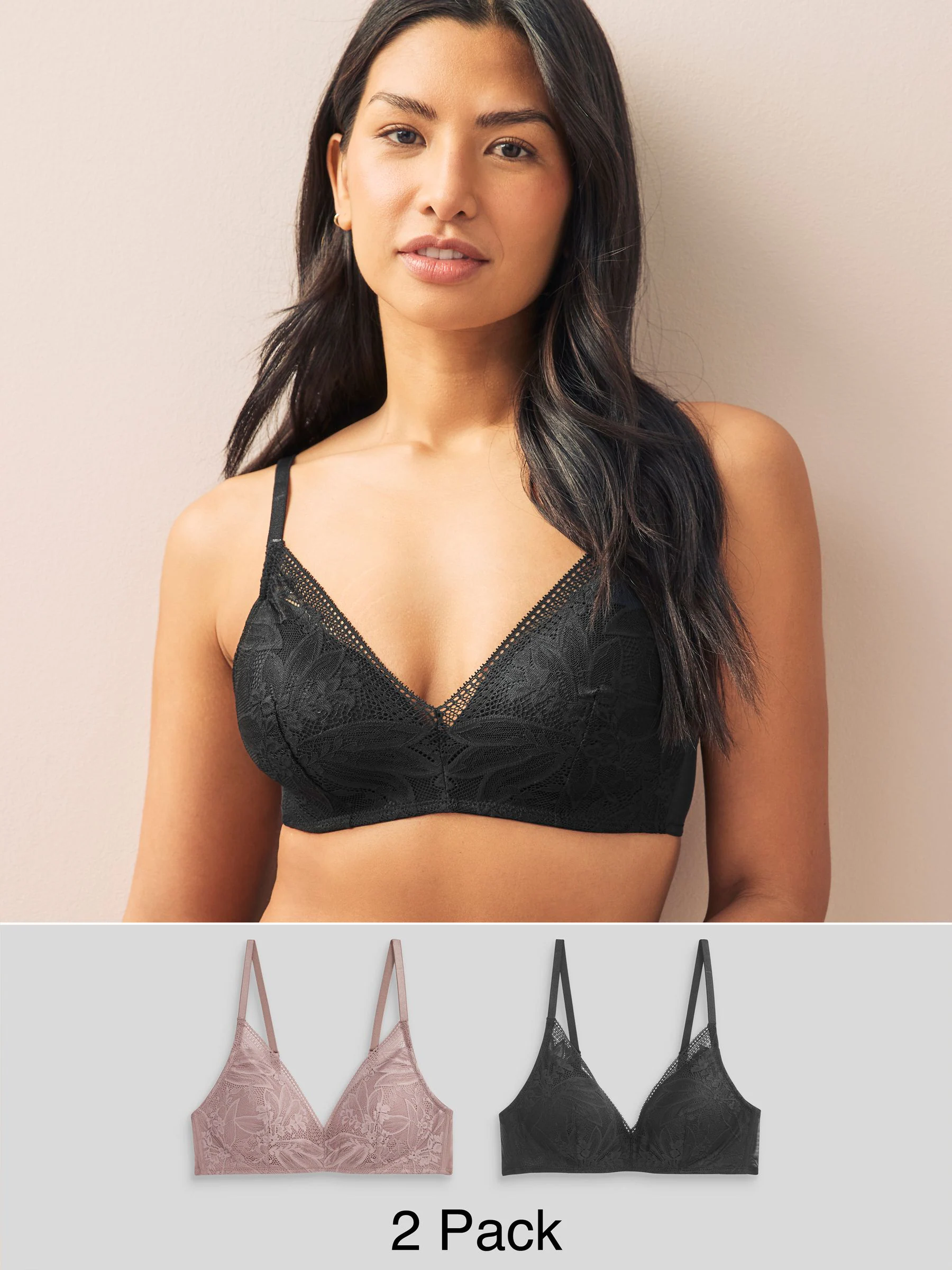 Black/Mauve Purple Pad Non Wire Lace Detail Ultimate Comfort Bras 2 Pack