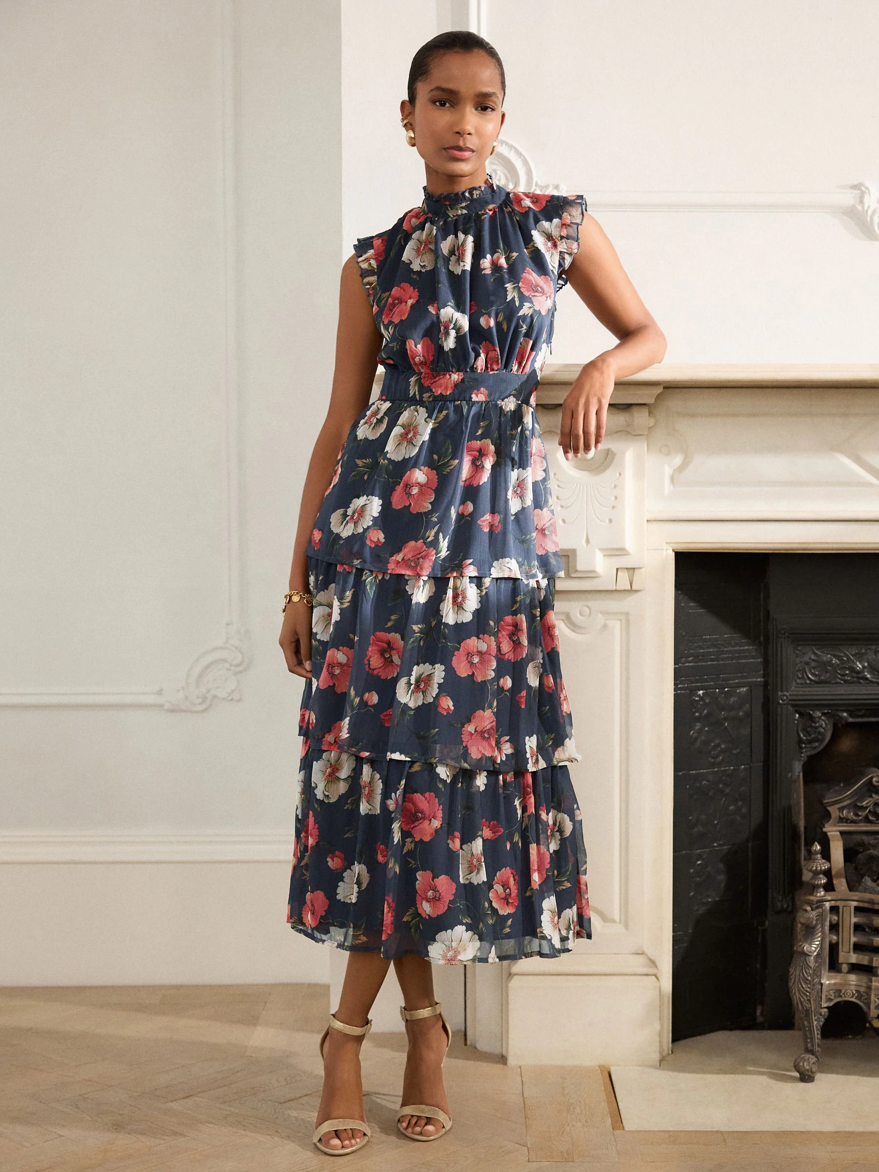 Navy Blue Floral Printed High Neck Tiered Occasion Maxi Dress