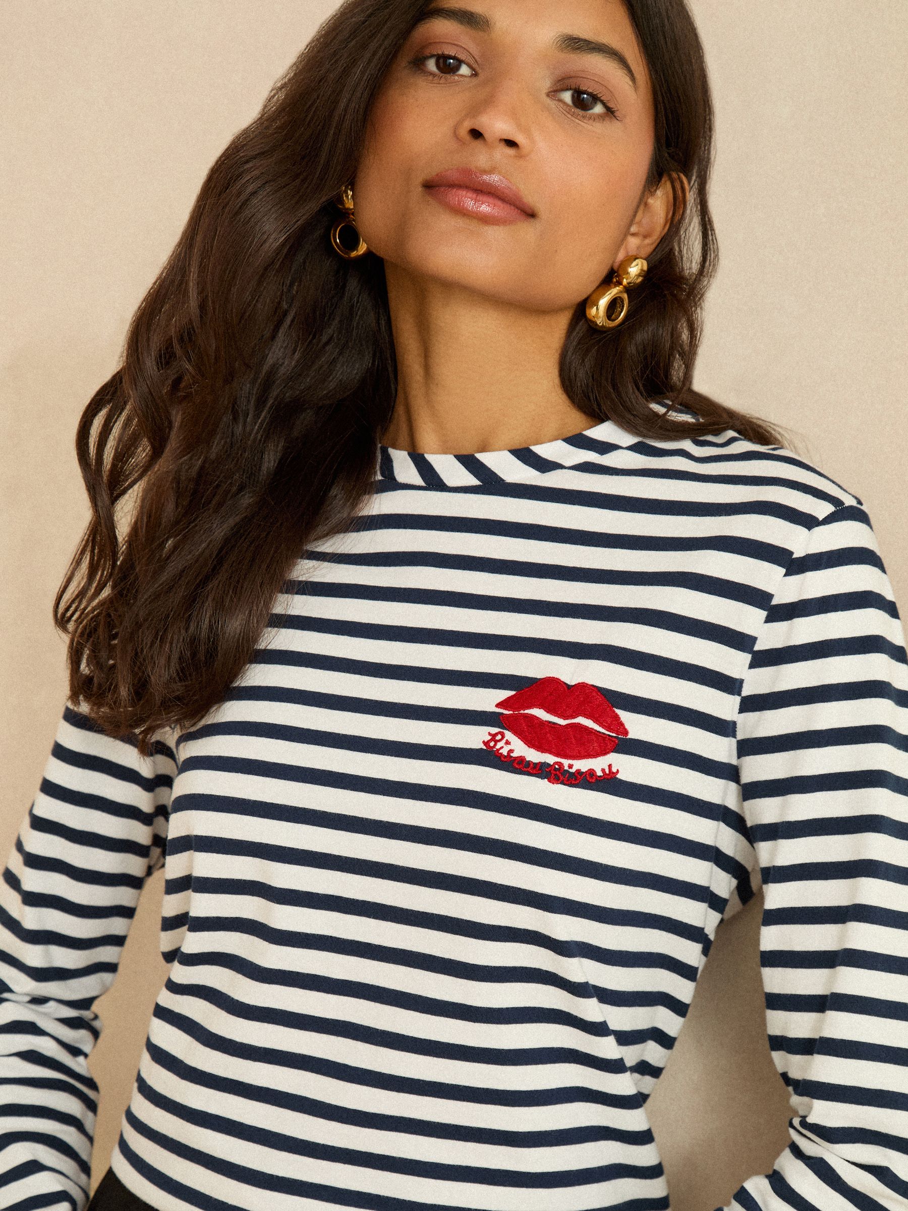 Love & Roses Navy Stripe Tie Back Embroidered Bisou Long Sleeve Jersey Top