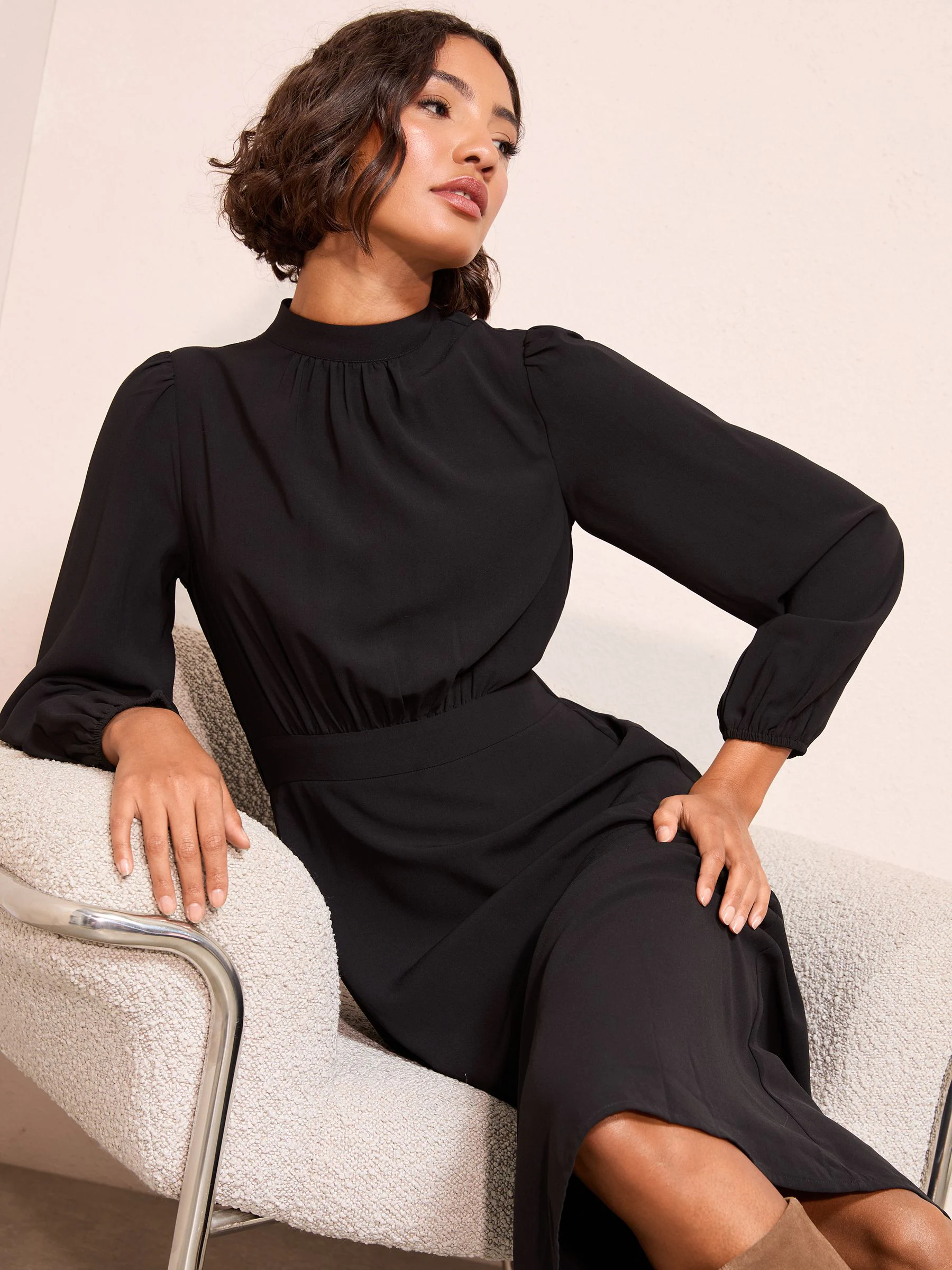 Friends Like These Black High Neck Long Sleeve Midi Dress with Bow Detailing