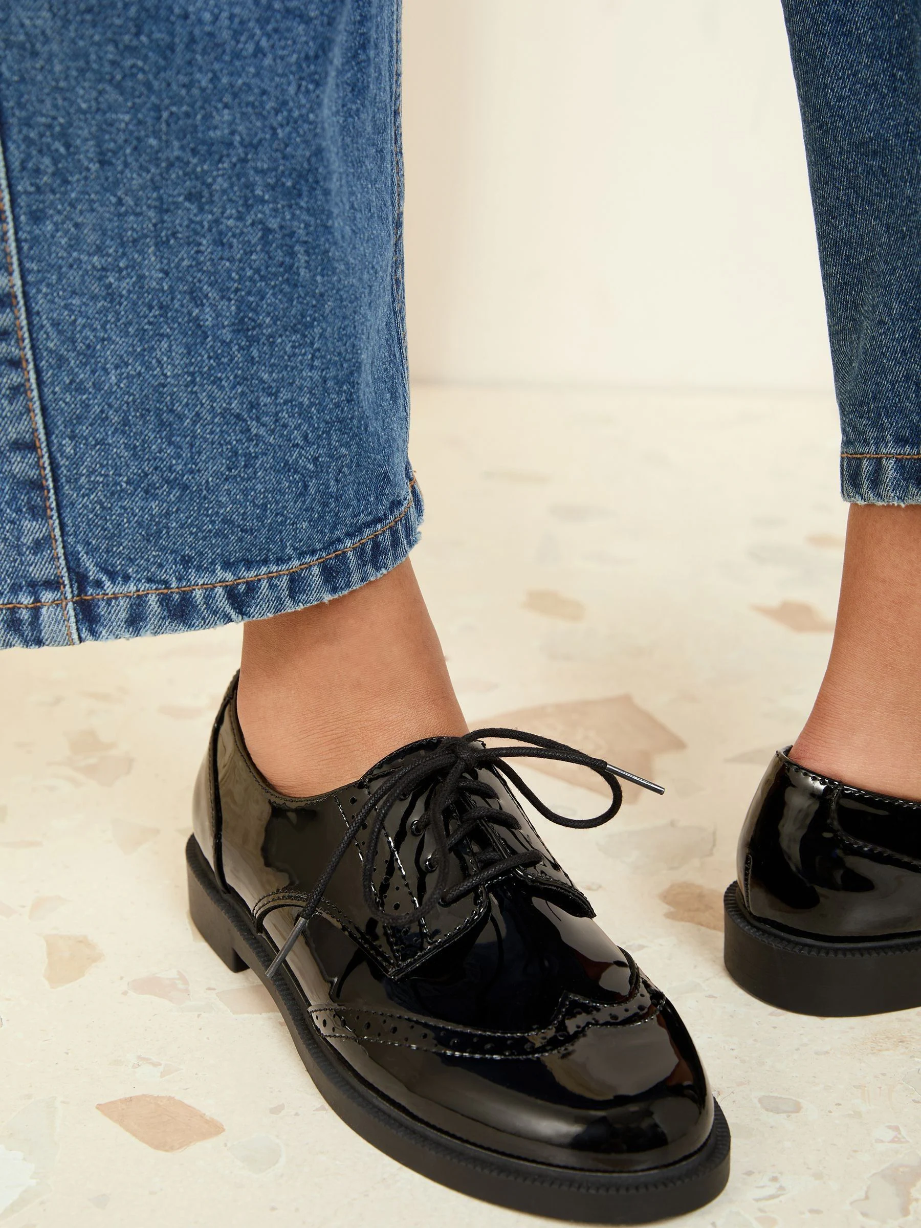 Friends Like These Black Standard Fit Flat Comfort Lace Up Patent Faux Leather Brogue Shoes