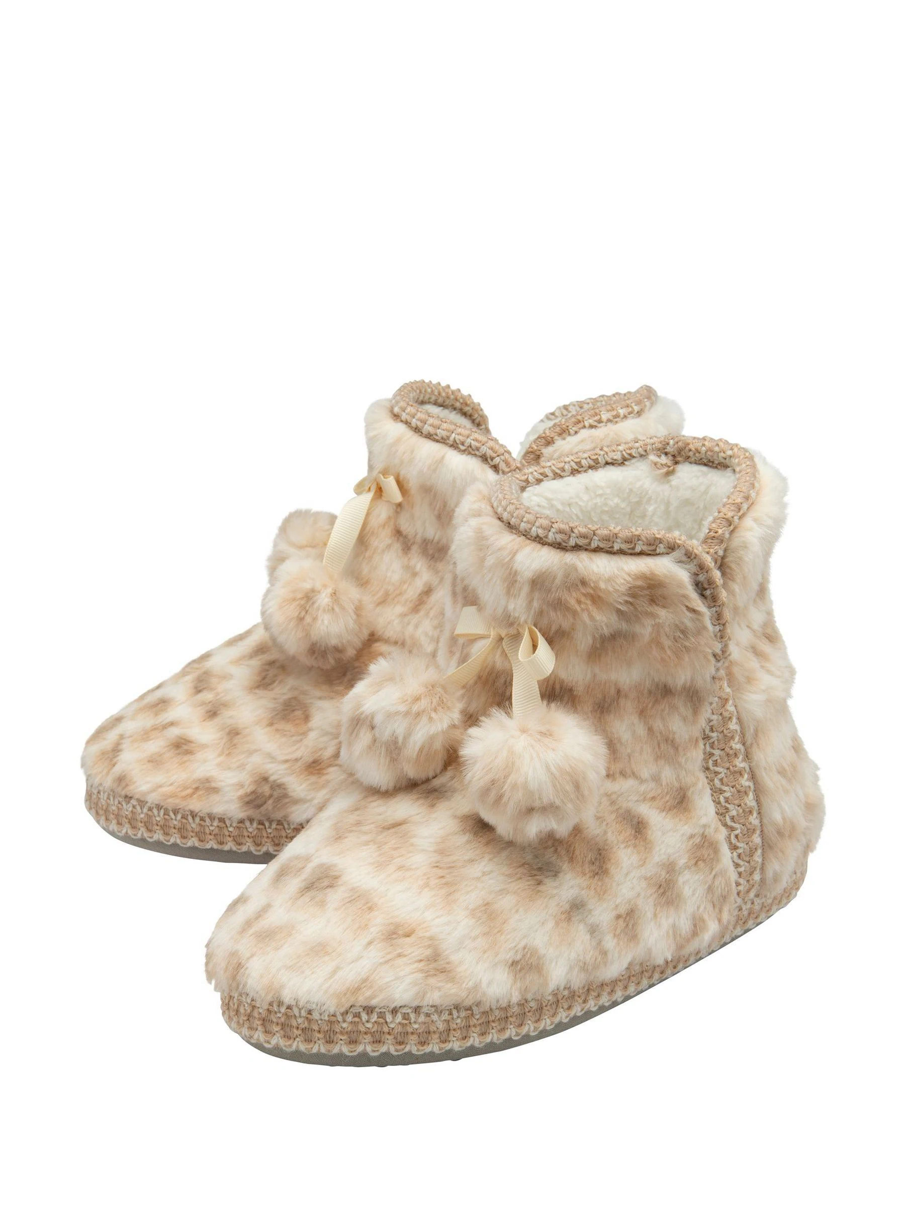Dunlop Cream Faux Bootie Pom Pom Slippers