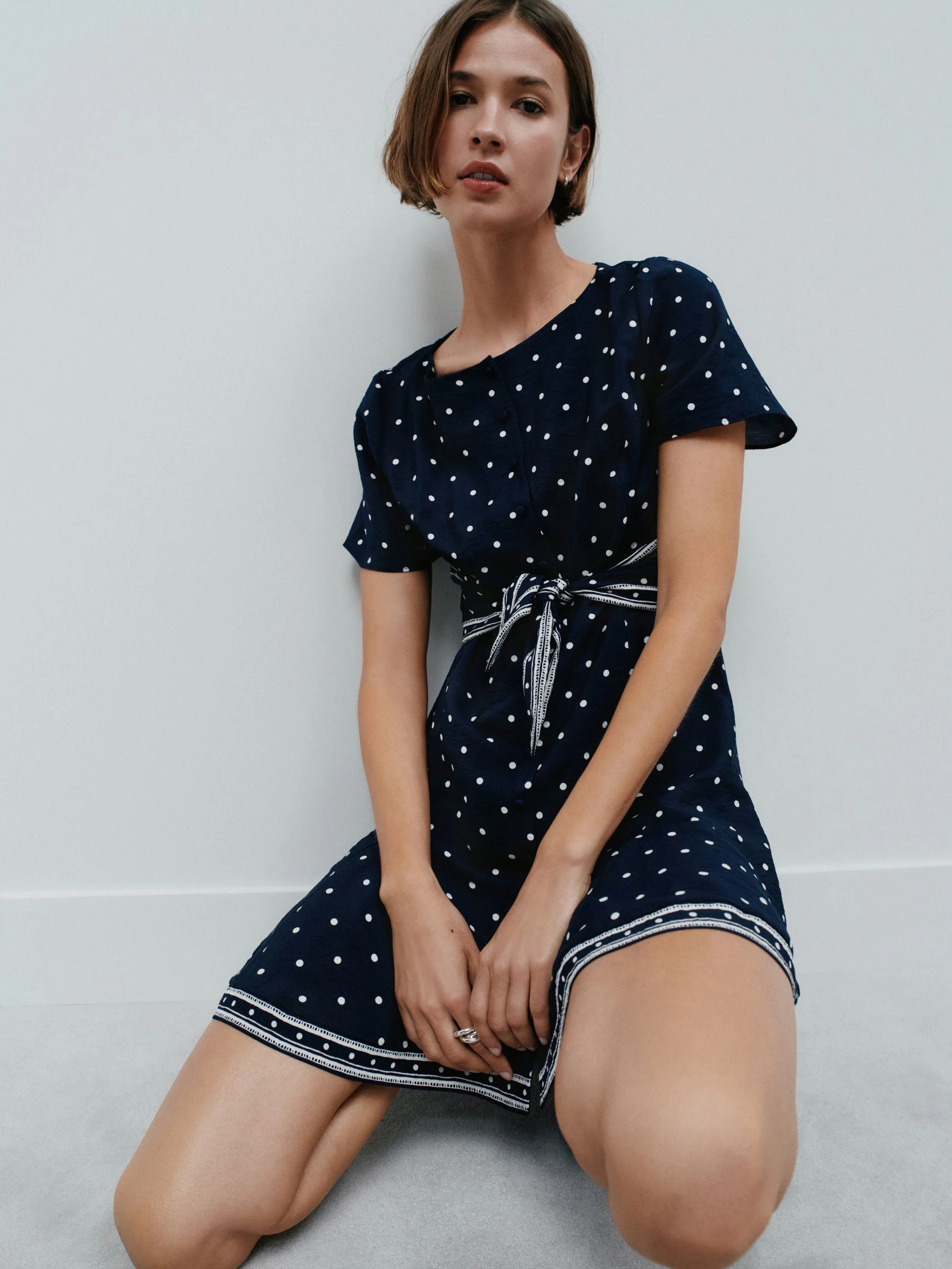 Navy Blue Spot Tie Waist Mini Dress
