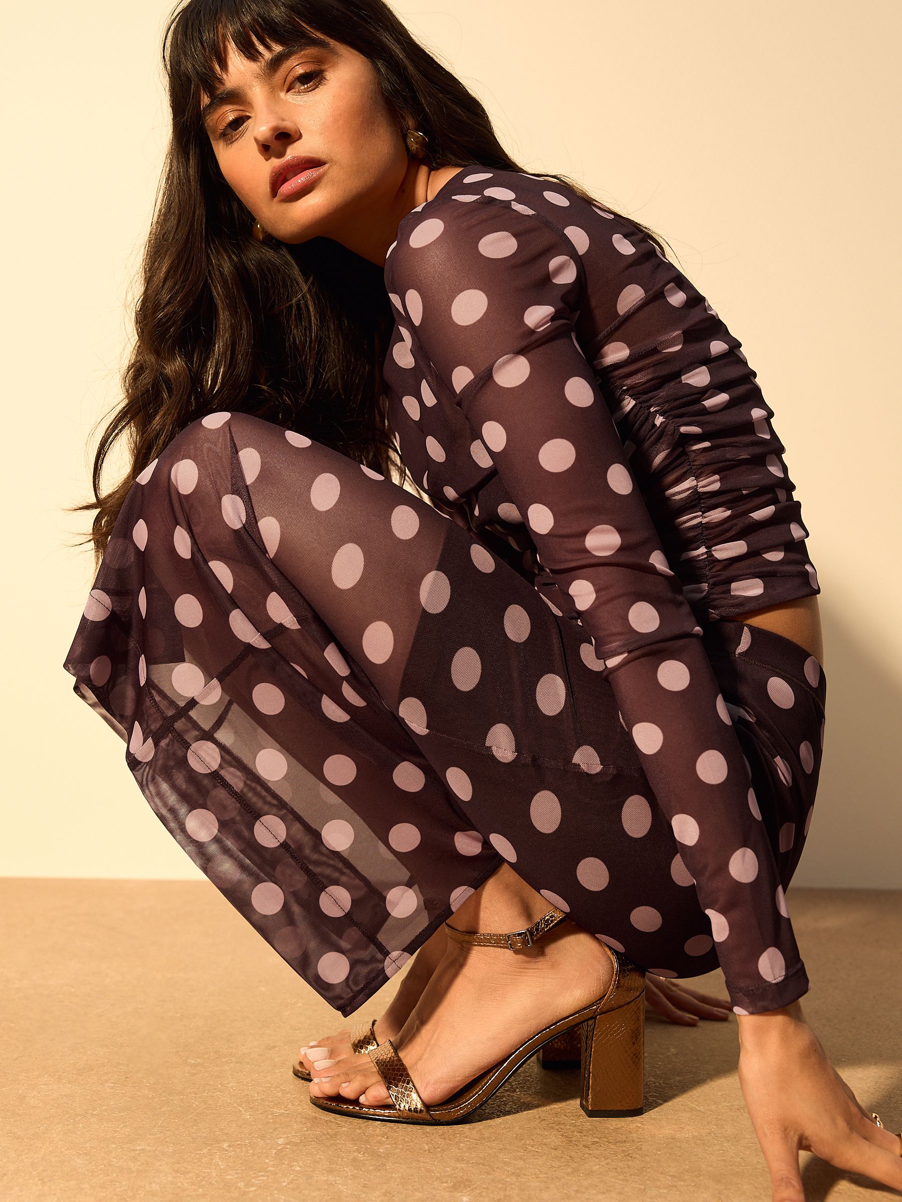 Pink/Brown Polka Dot Mesh Midi Pencil Skirt