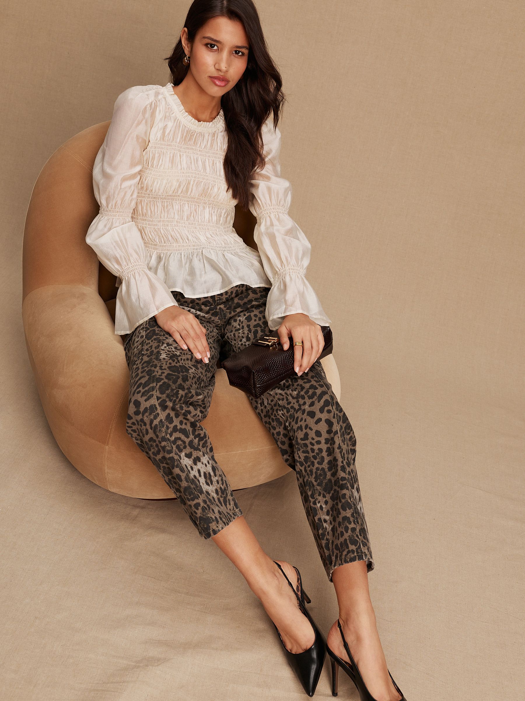 Ecru Sheer Smocked Long Sleeve Top