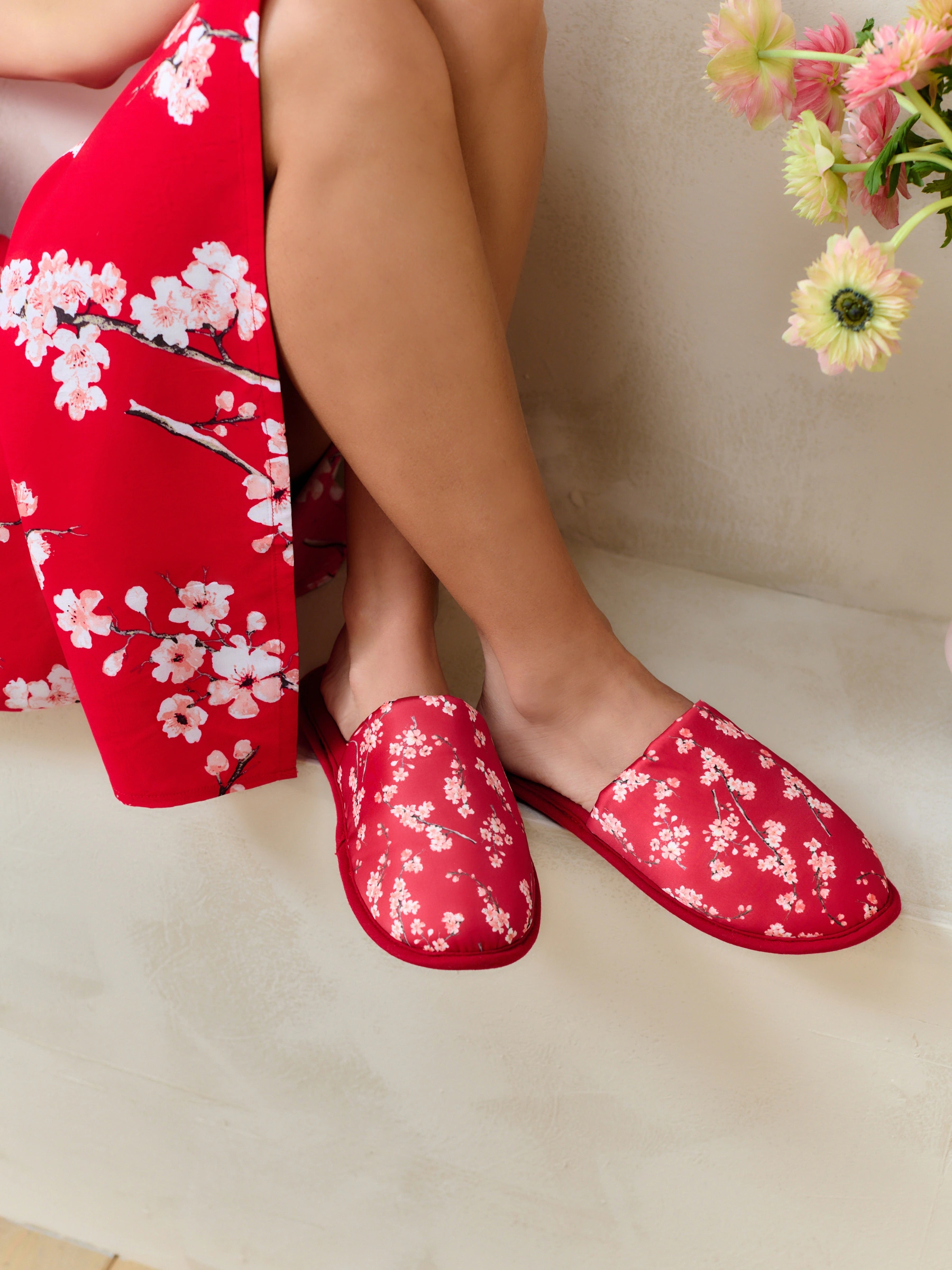 Bath & Body Works Red Japanese Cherry Blossom Mule Slippers