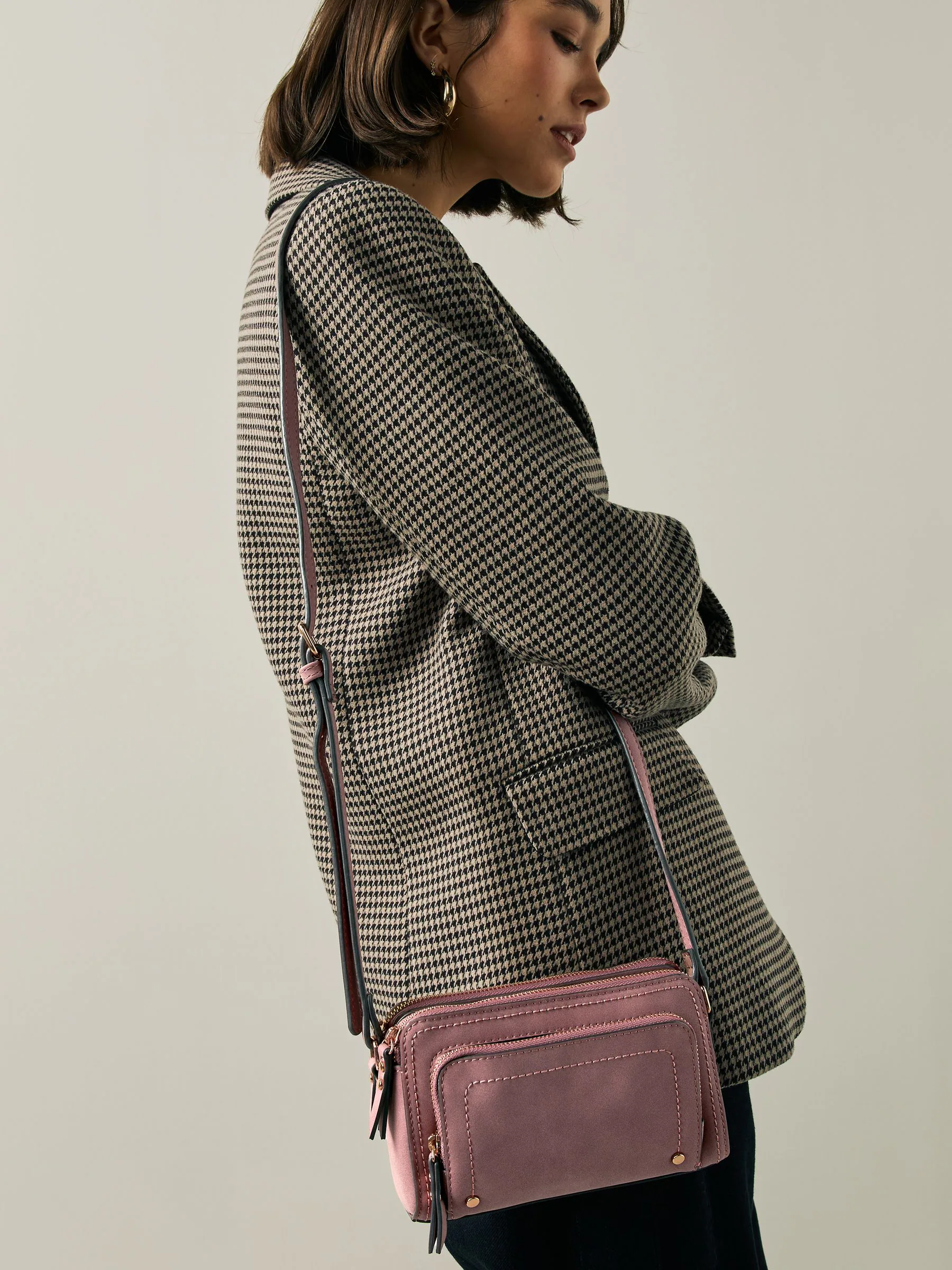 Pink Double Zip Cross-Body Faux Suede Bag