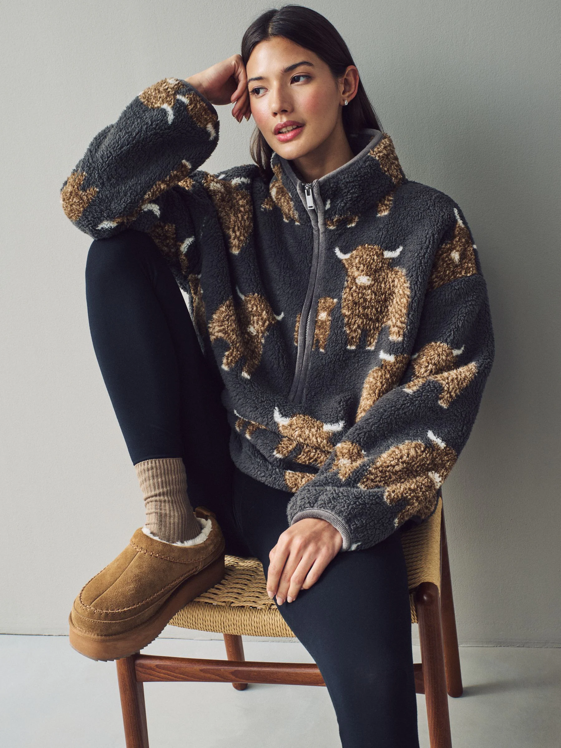 Charcoal Grey Hamish The Highland Cow Matching Family Borg Zip Neck Fleece