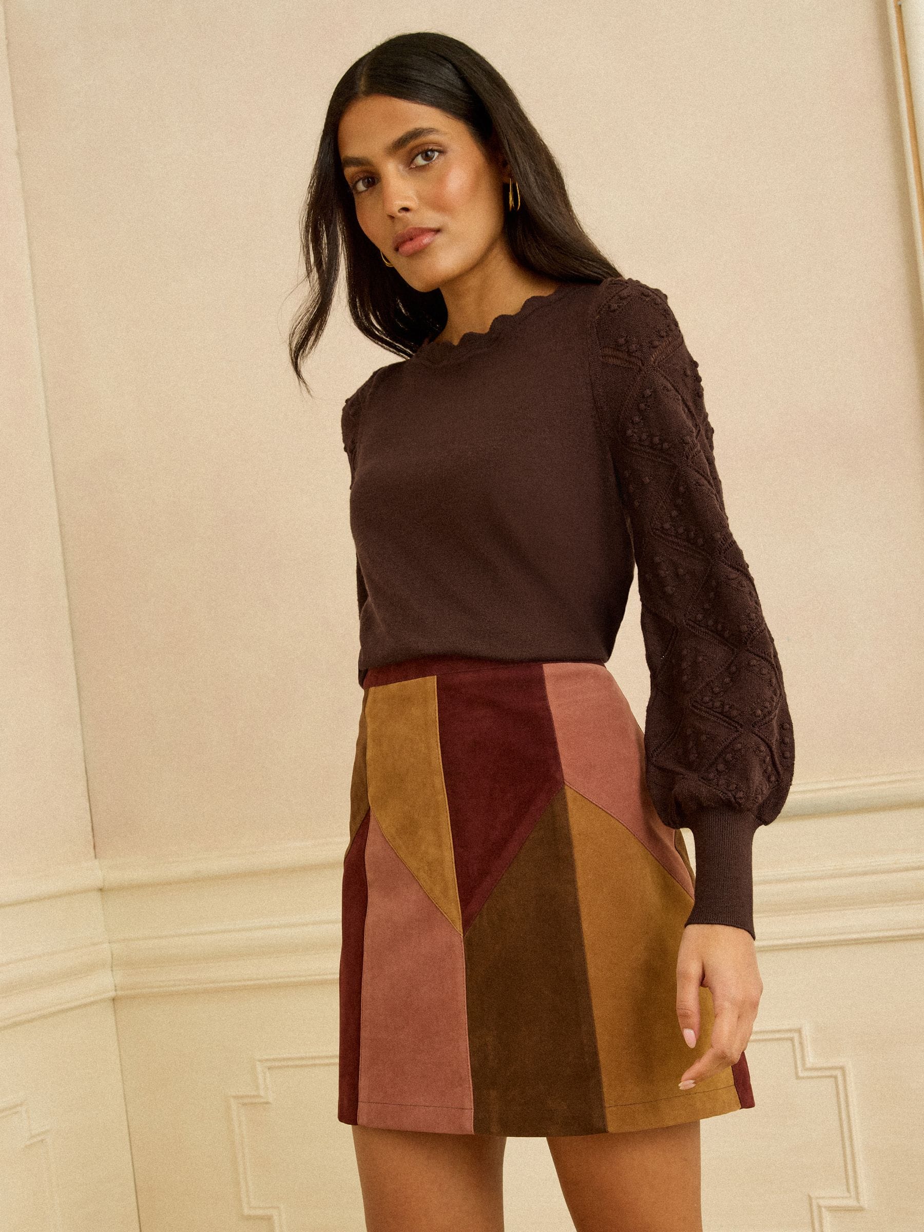 Love & Roses Chocolate Brown Bobble Stitch Scallop Knit Jumper