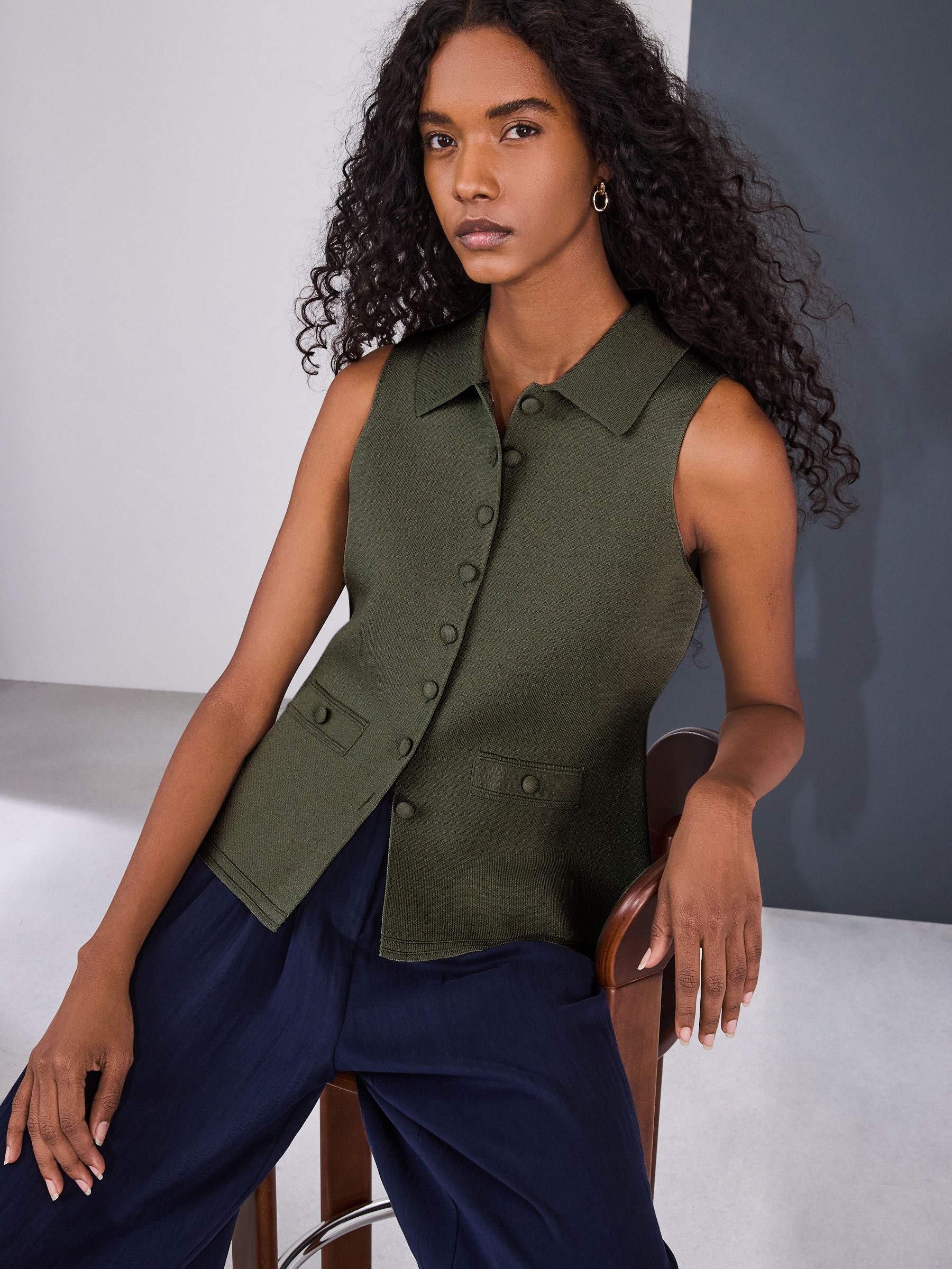 Khaki Green Smart Button Up Knitted Waistcoat