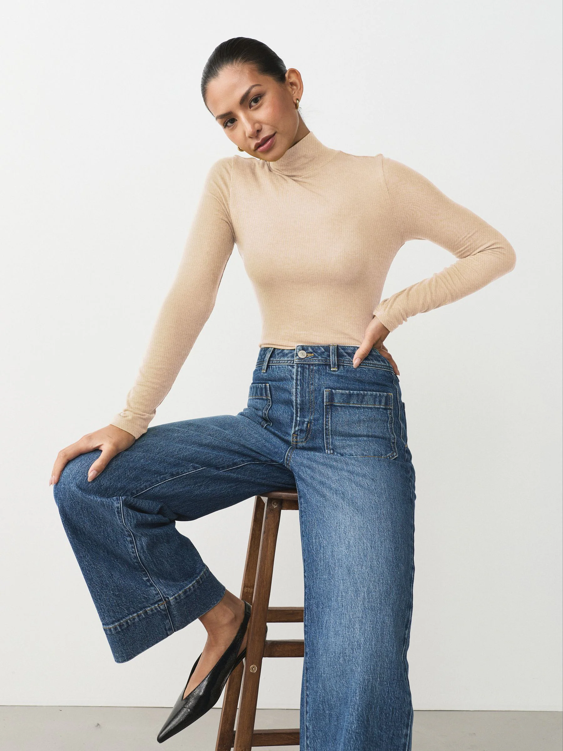 Ecru High Neck Long Sleeve Top with TENCEL™ Lyocell