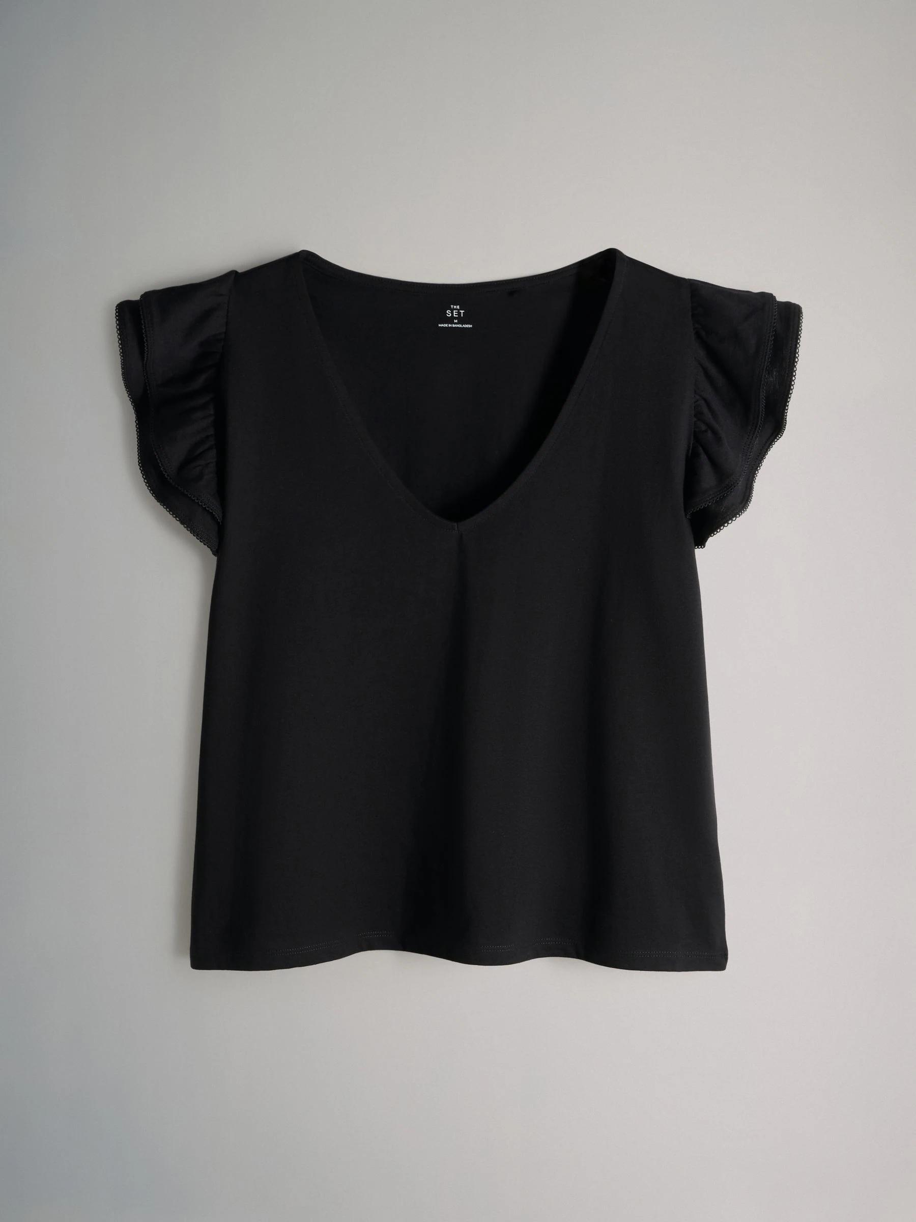 The Set 3 Pack V-Neck Frill Sleeve T-Shirt Black/Pink/White