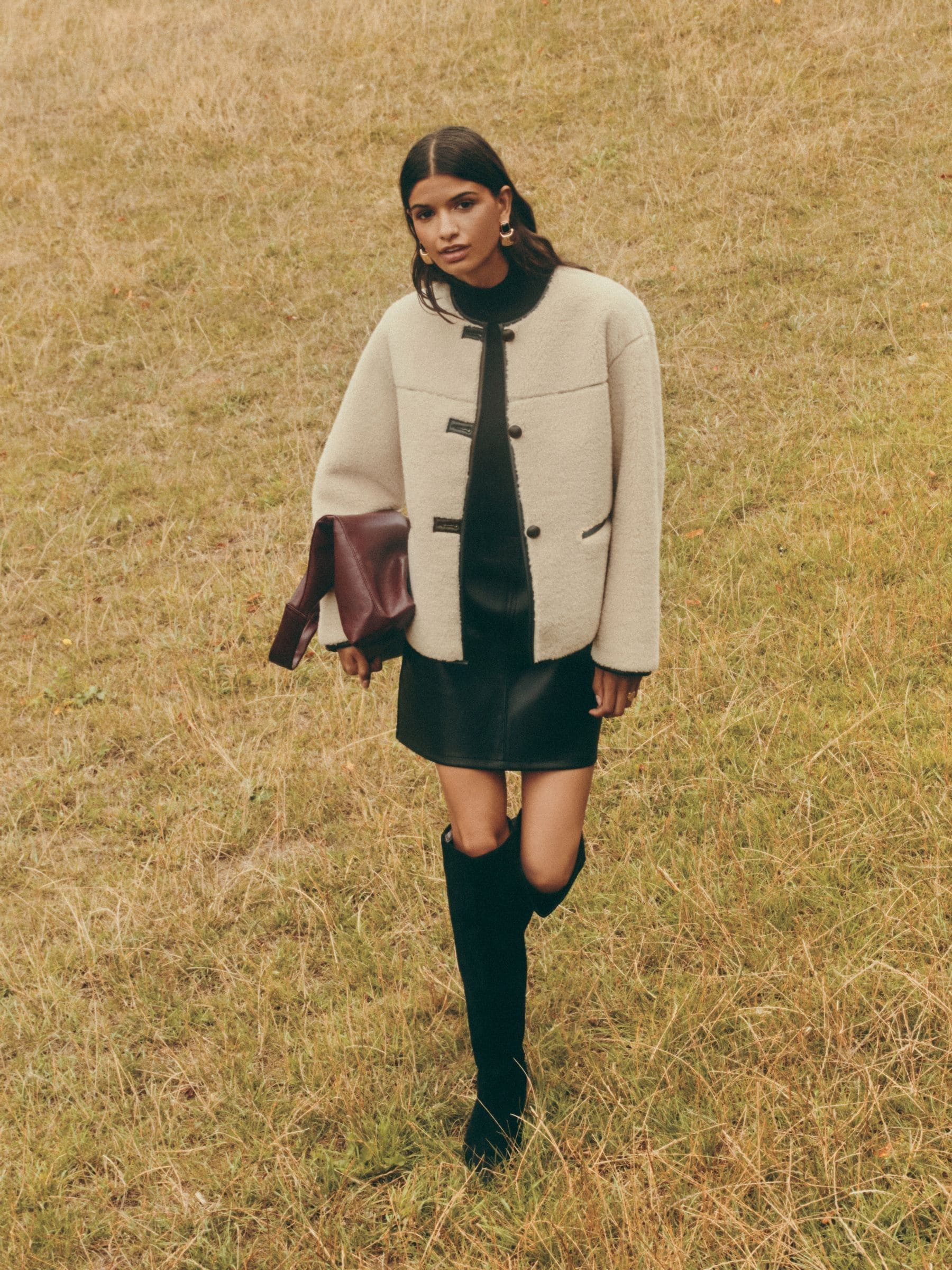 Friends Like These Cream Collarless PU Tipped Borg Jacket