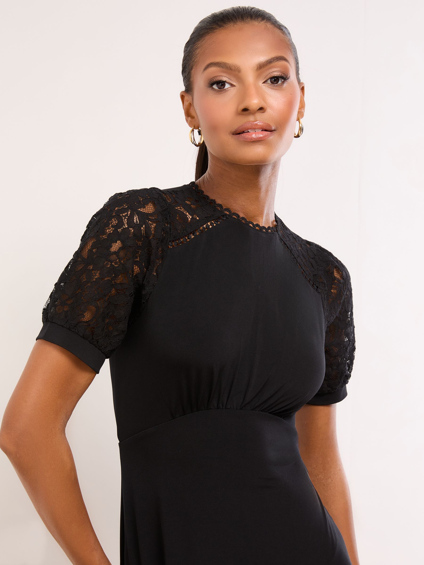 Lipsy Black Lace Short Sleeve Underbust Midi Jersey Dress