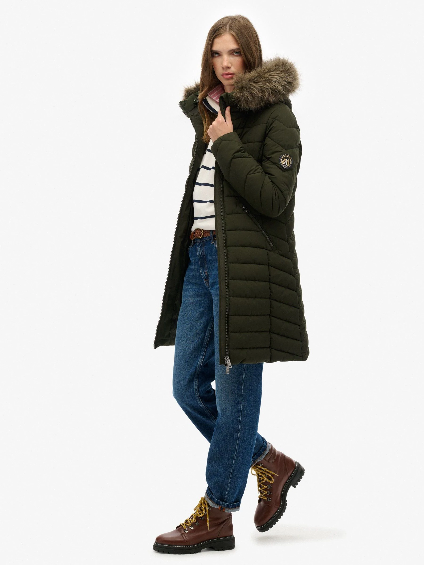 Superdry Green Fuji Faux Hood Mid Length Coat