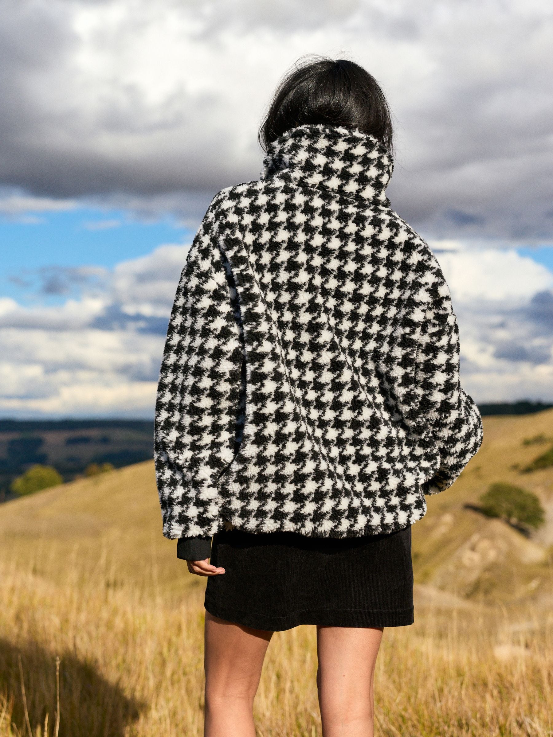 Black/White Houndstooth Check Jacquard Teddy Borg Quarter Zip Fleece Sweatshirt