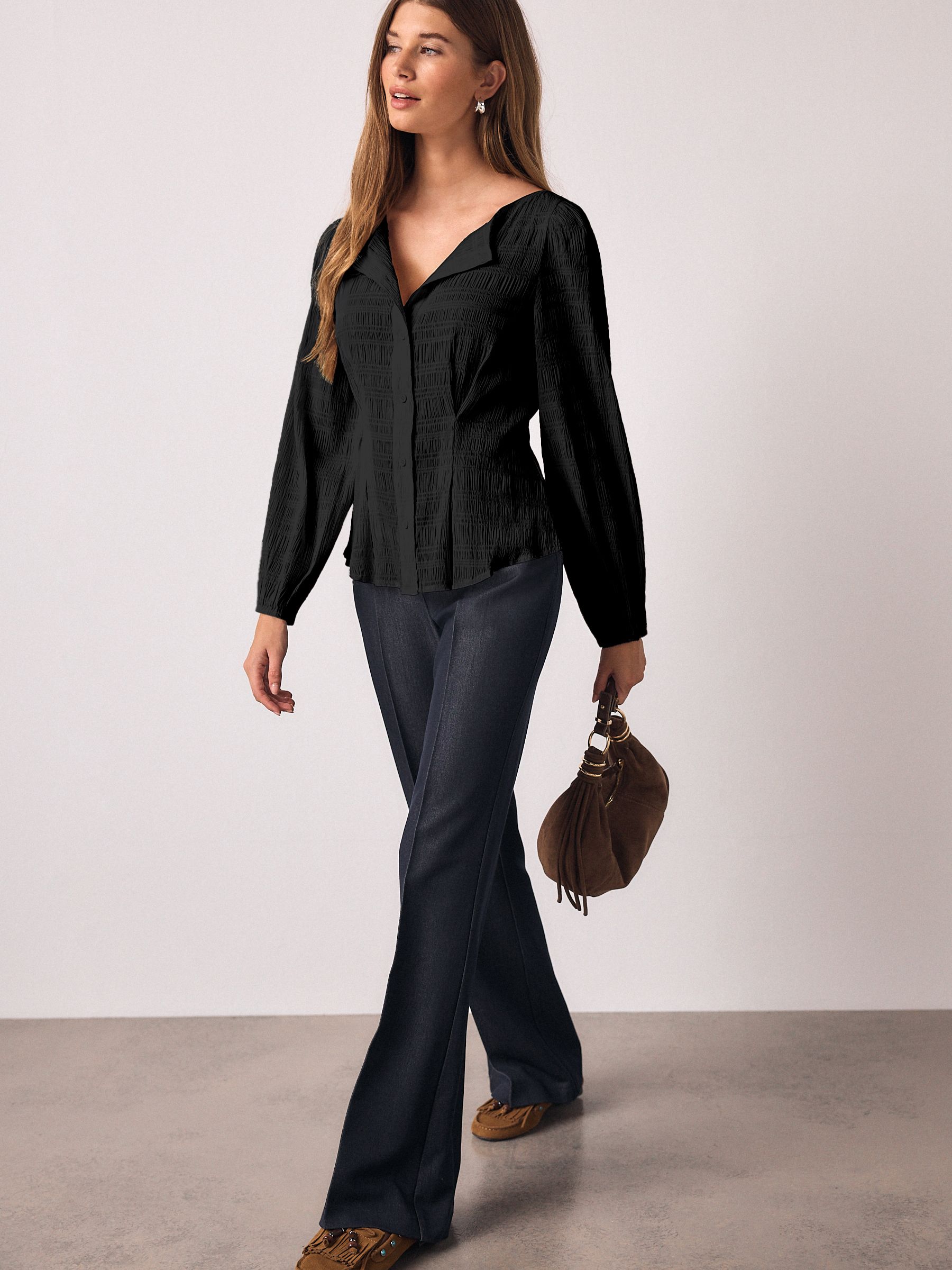 Black Long Sleeve Boatneck Textured Button-Front Blouse