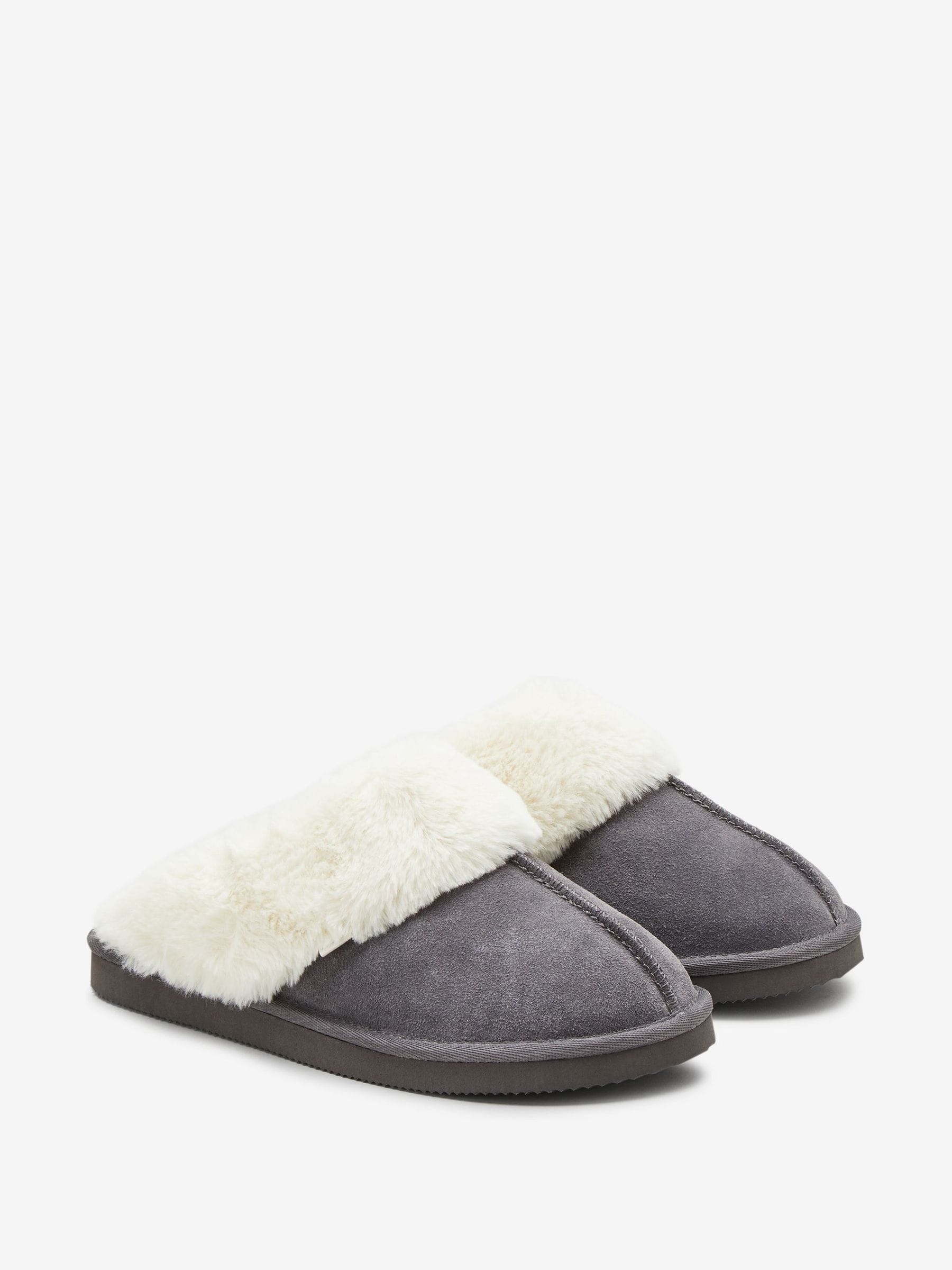 Grey Faux Fur Lined Suede Mule Slippers