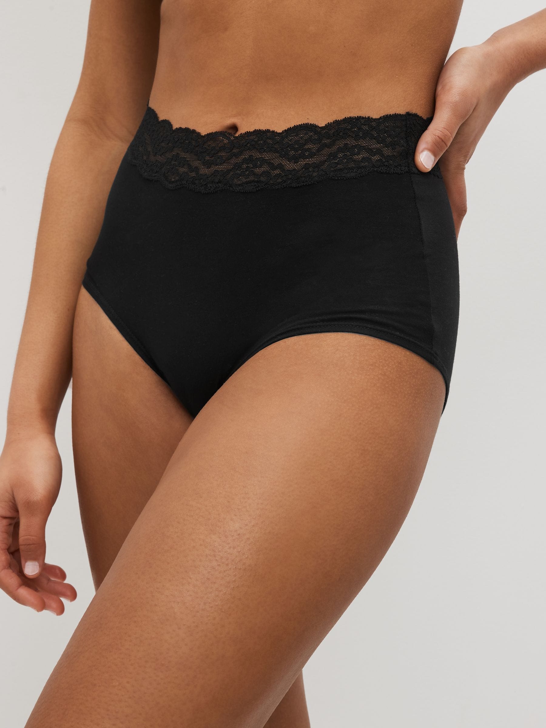 Black Full Brief Cotton and Lace Knickers 7 Pack