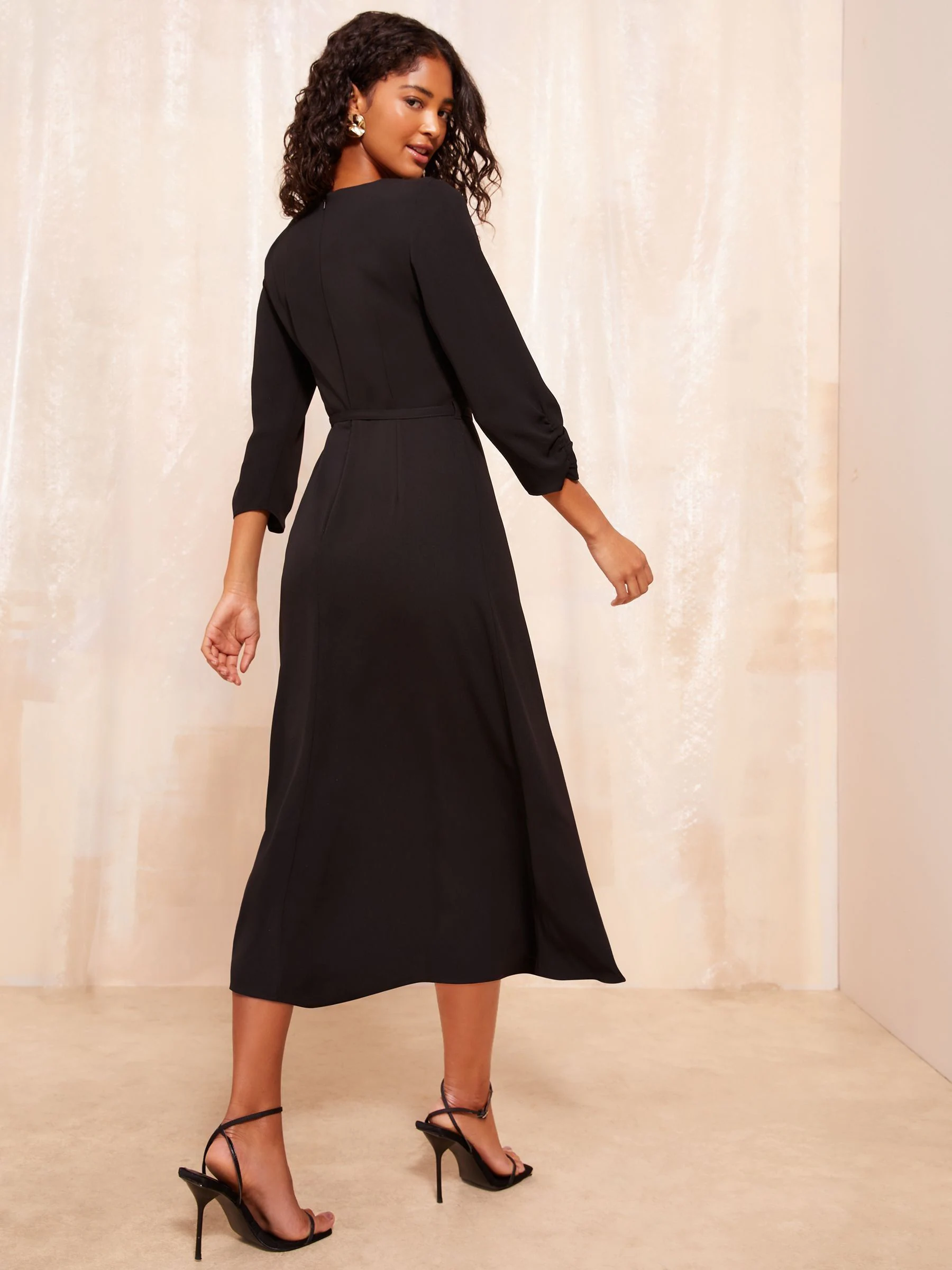Friends Like These Black Long Sleeve Gold Belted Tailored Midi Dress