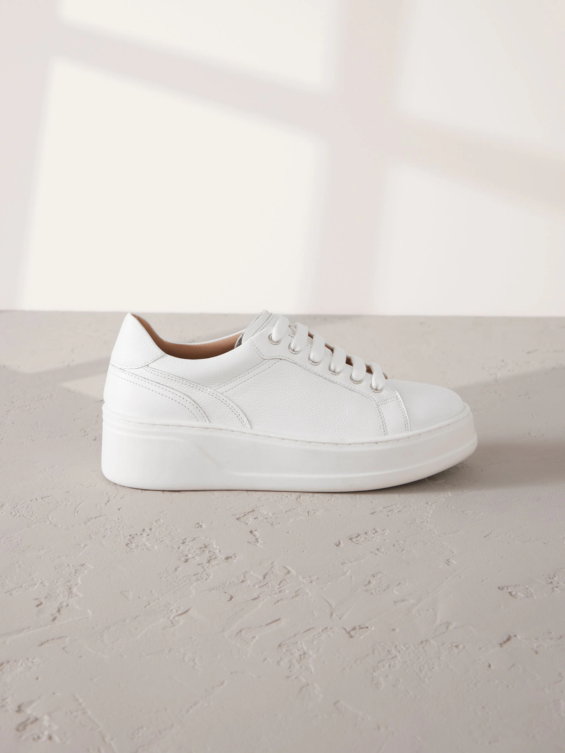 White Lace Up Signature Premium Leather Chunky Wedge Lace-Up Trainers