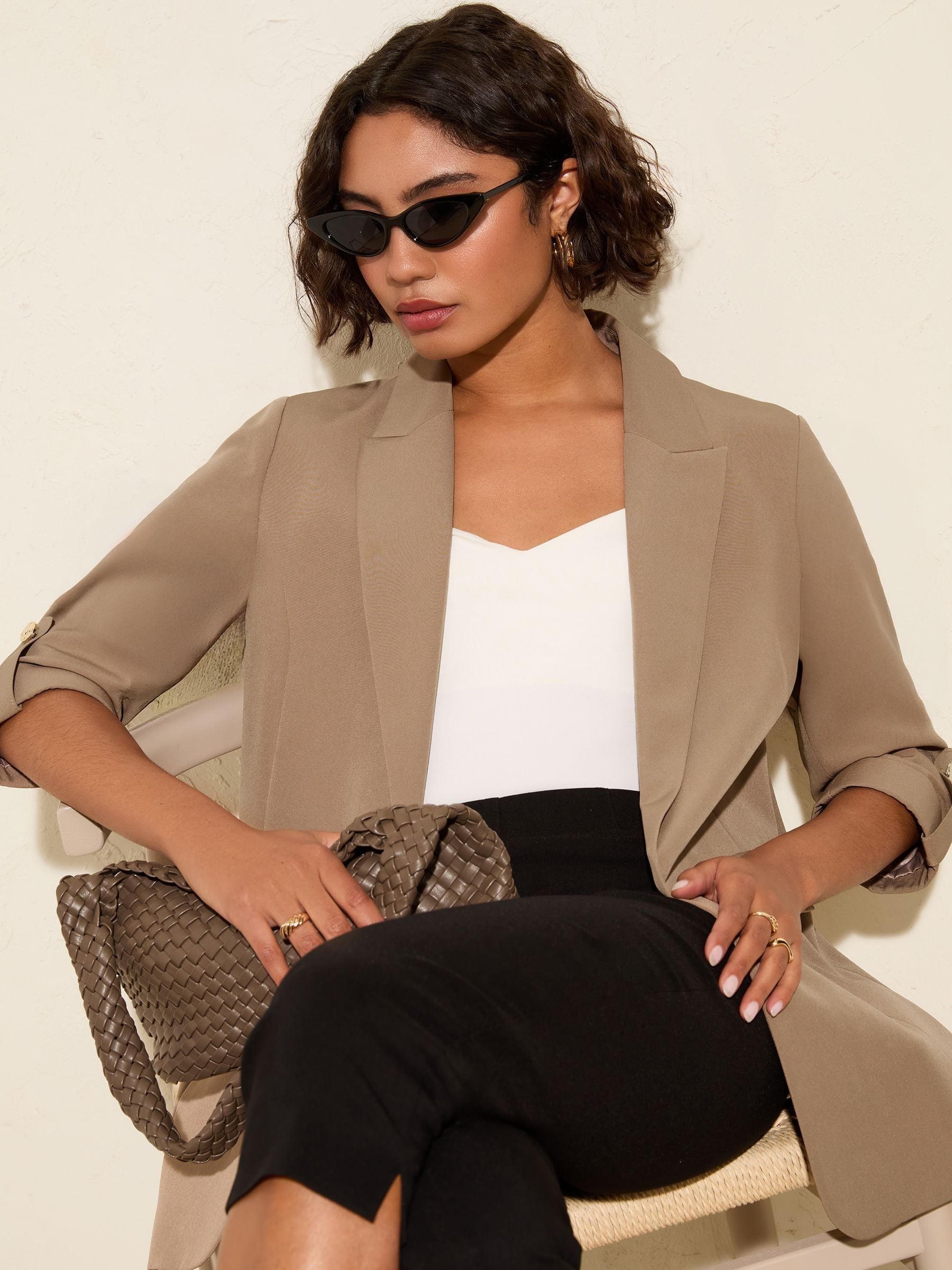 Friends Like These Mocha Neutral Edge to Edge Tailored Sleeve Detail Blazer