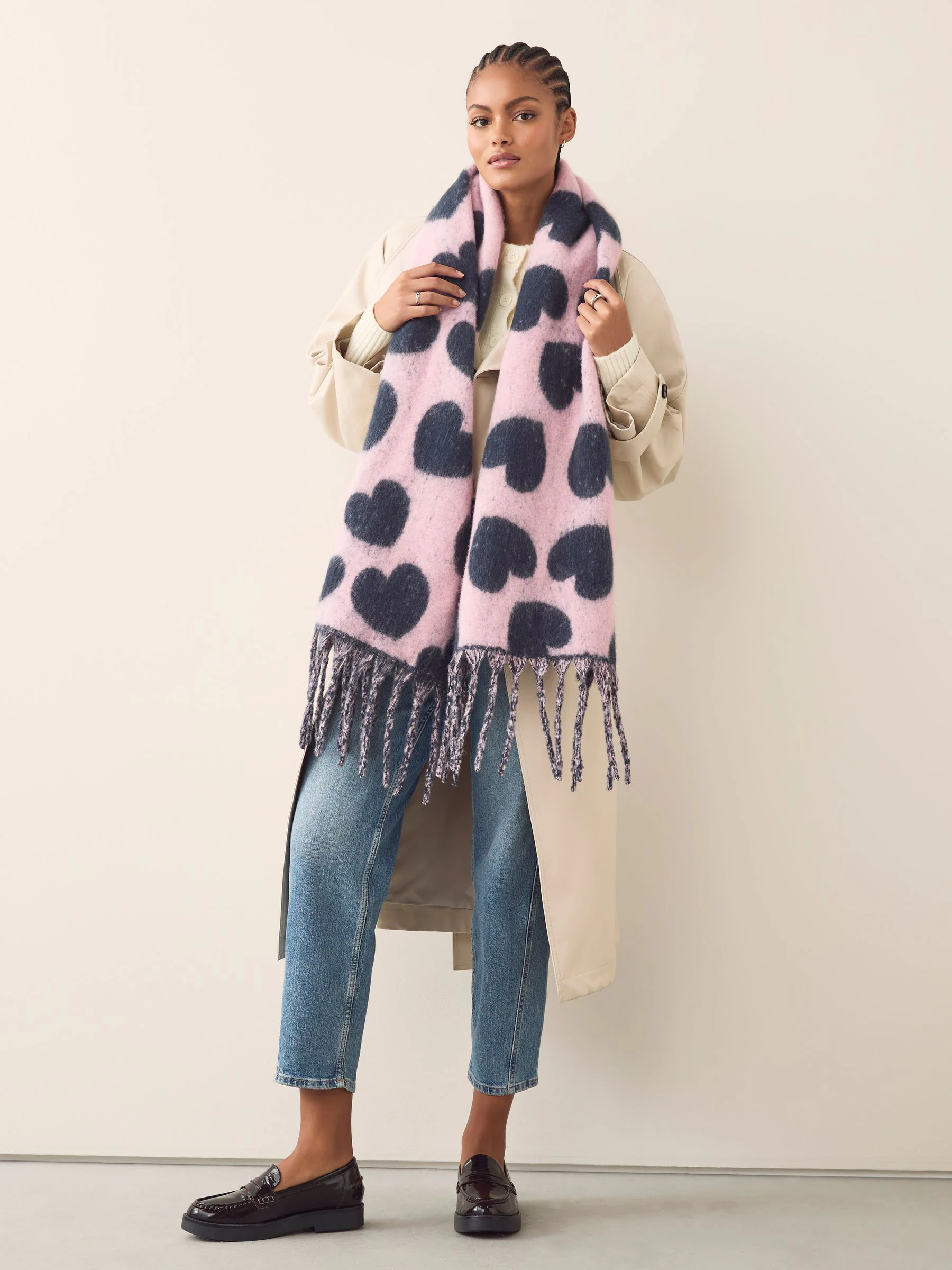 Navy/Pink Heart Print Heavyweight Blanket Scarf
