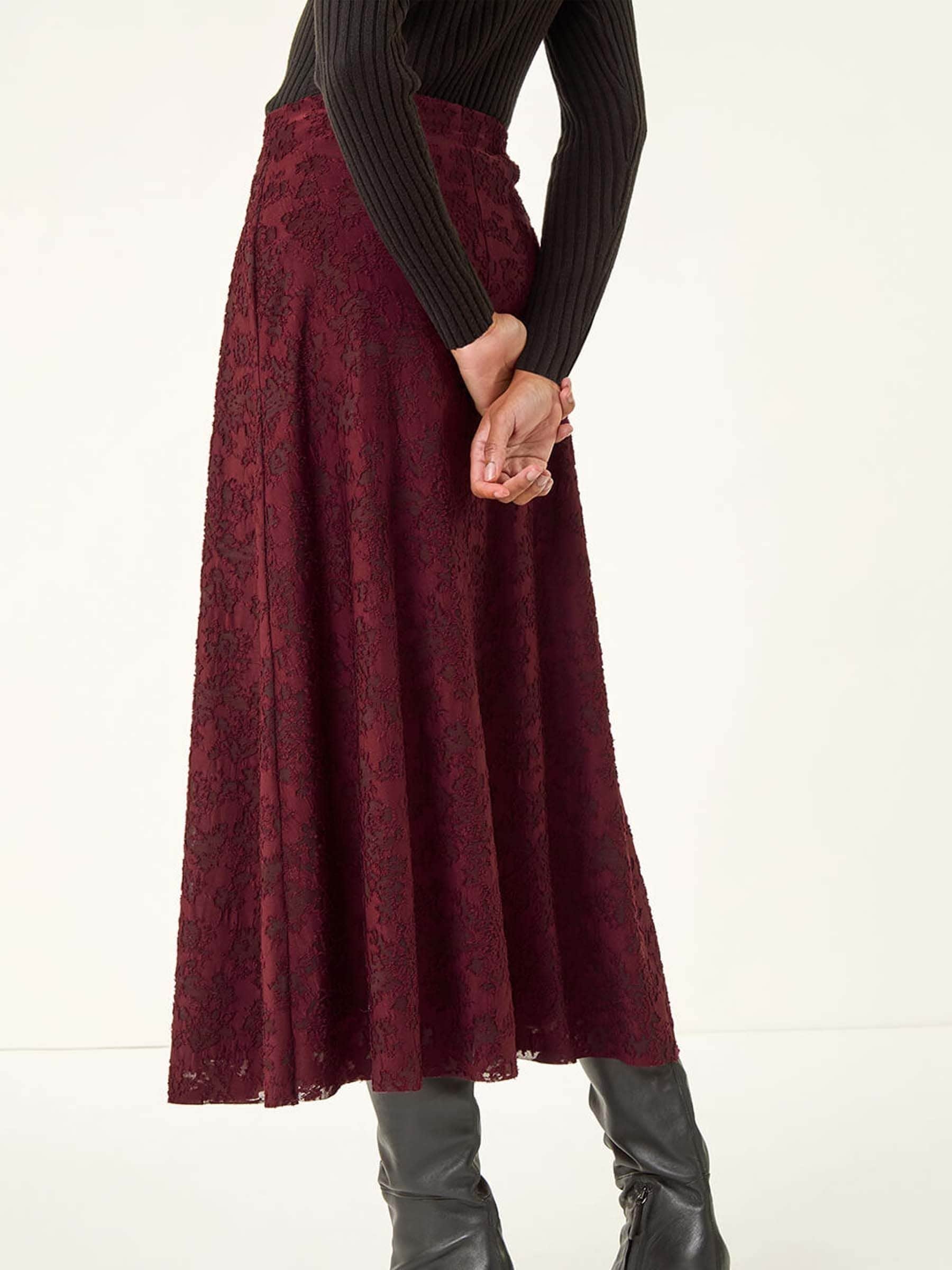 Roman Red Floral Textured A-Line Skirt