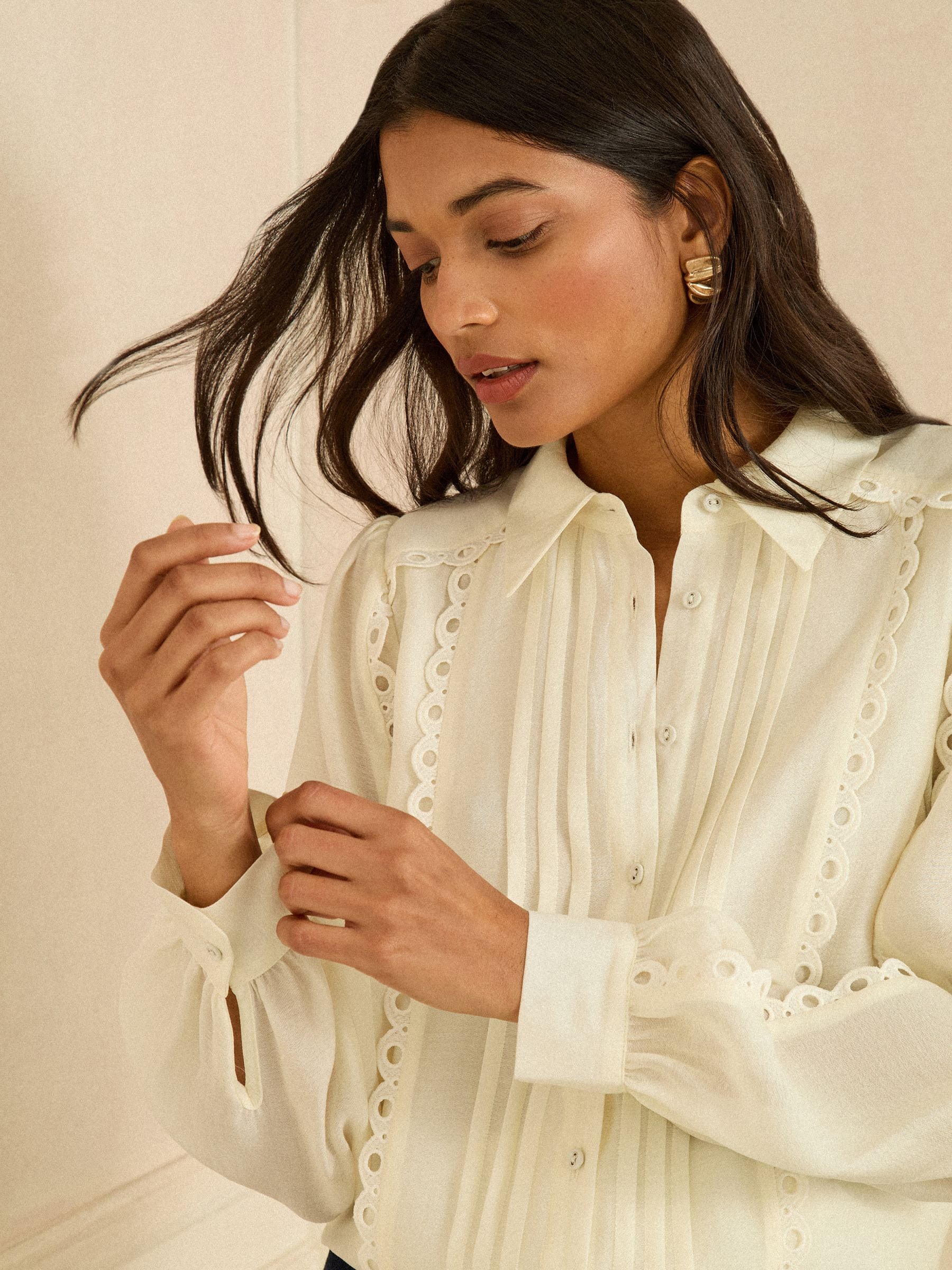 Love & Roses Ivory Long Sleeve Button Through Lace Trim Shirt