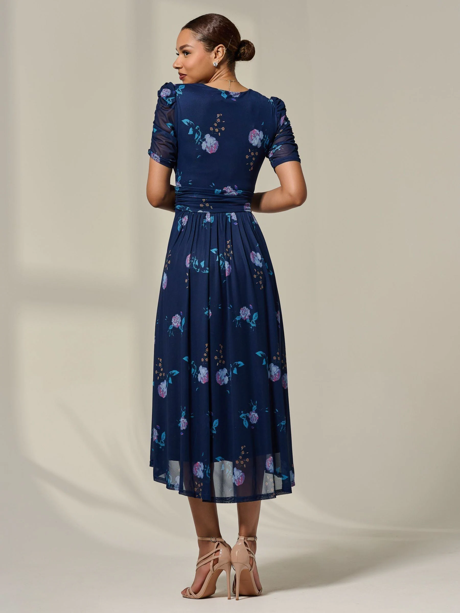 Jolie Moi Blue Petite Wrap Ruched Sleeve Midi Dress