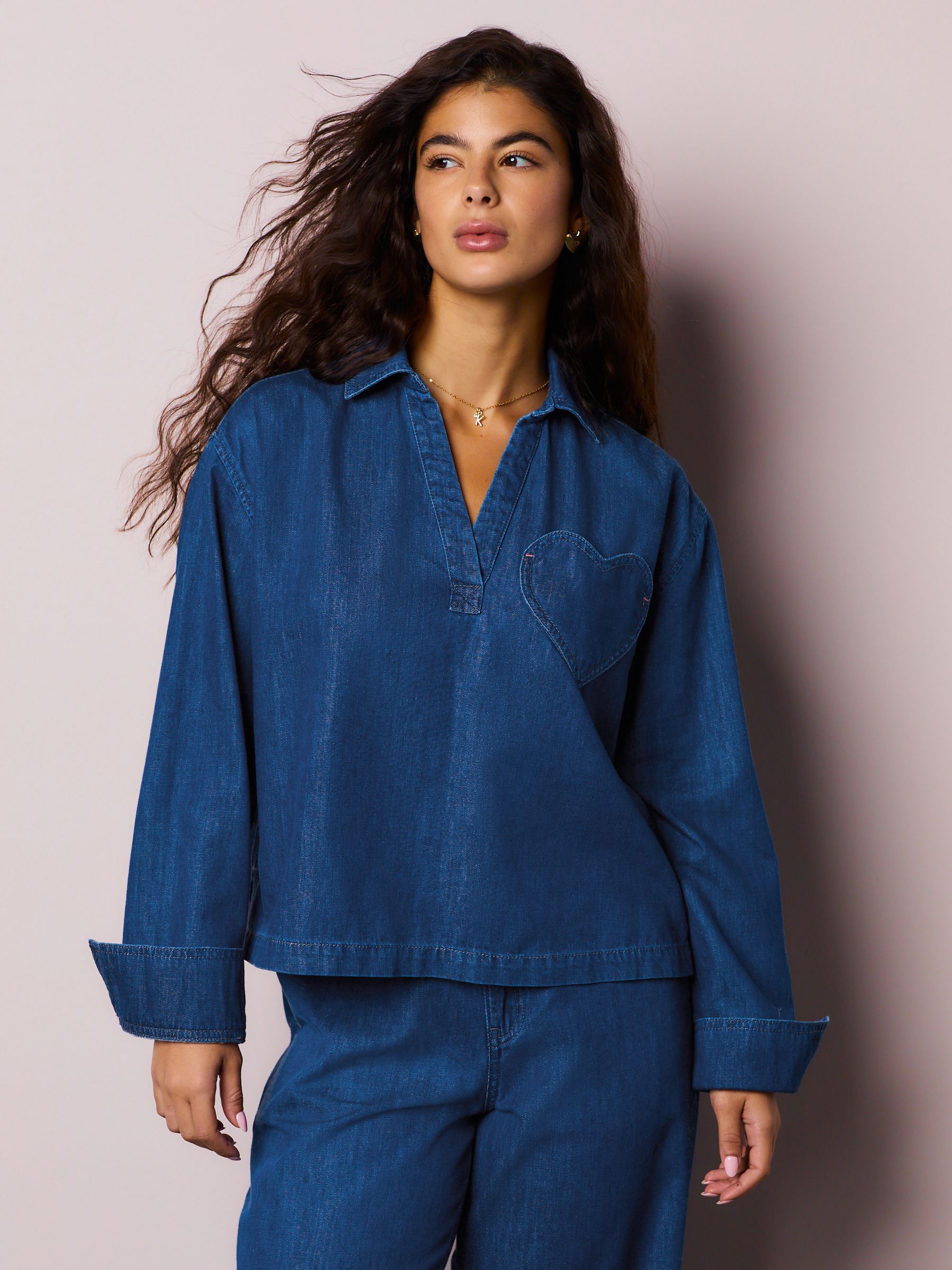Mid Blue Heart Pocket Detail Overhead Denim Shirt