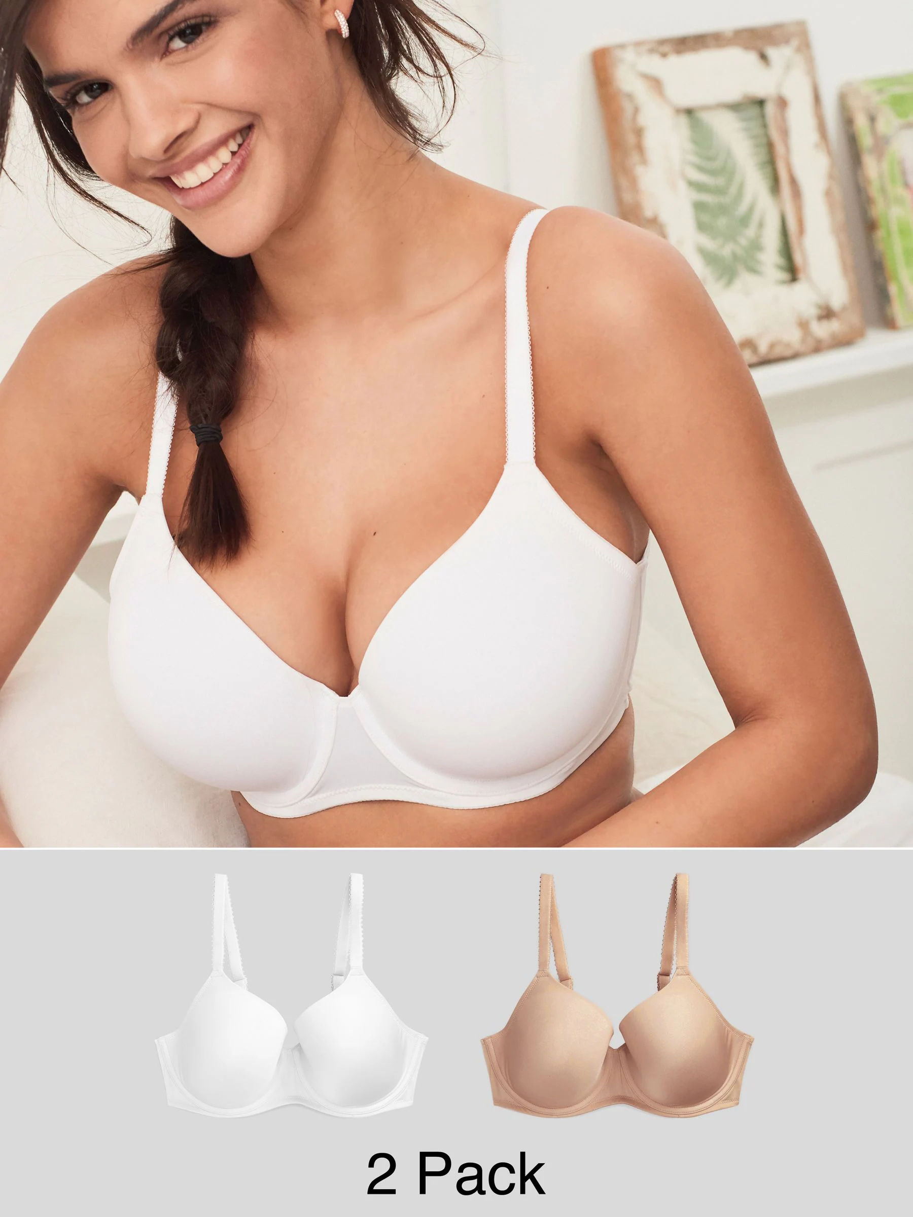 White/Praline Nude DD+ Light Pad Full Cup Smoothing T-Shirt Bras 2 Pack