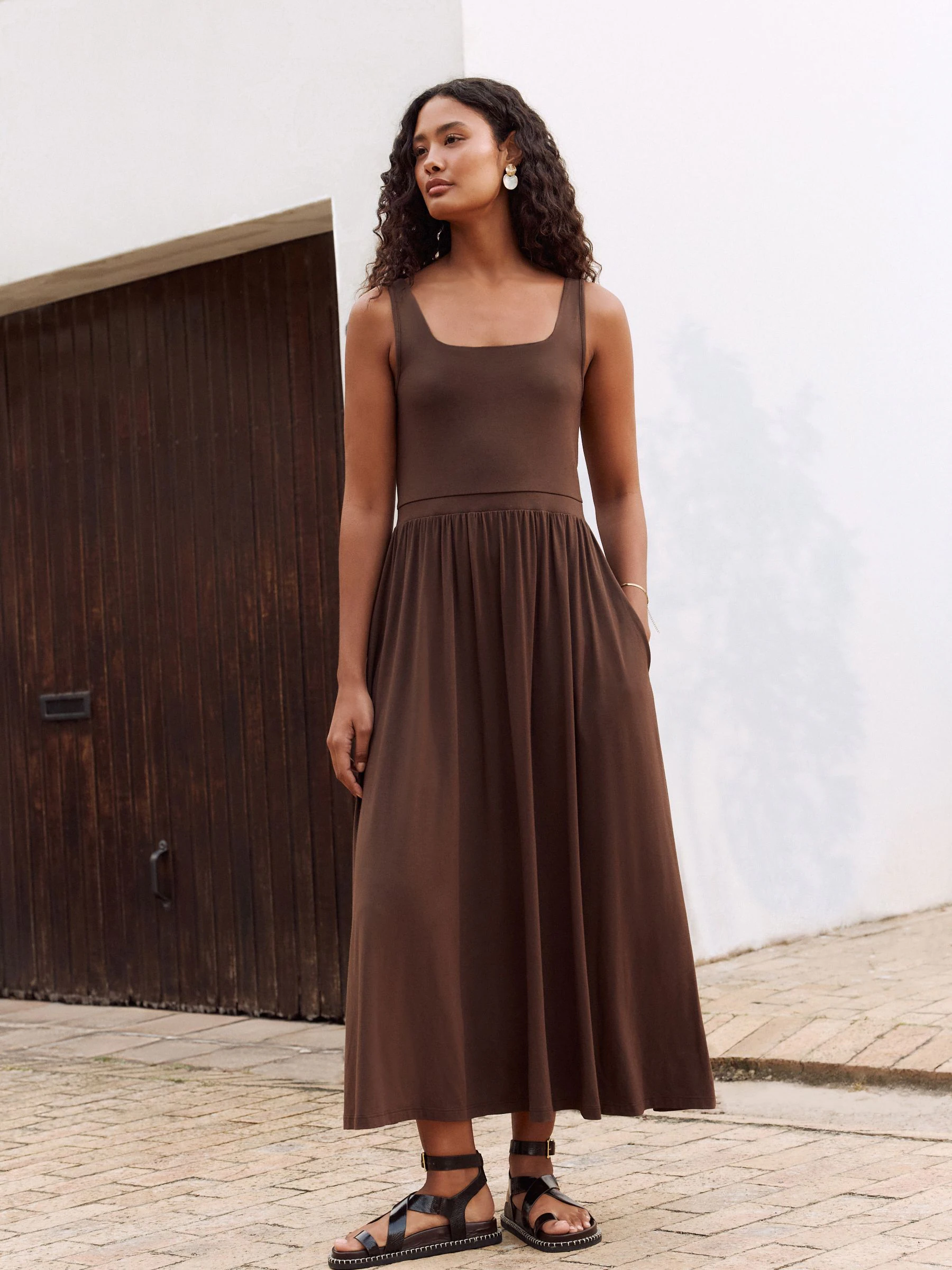 Chocolate Brown Jersey Waisted Summer Dress