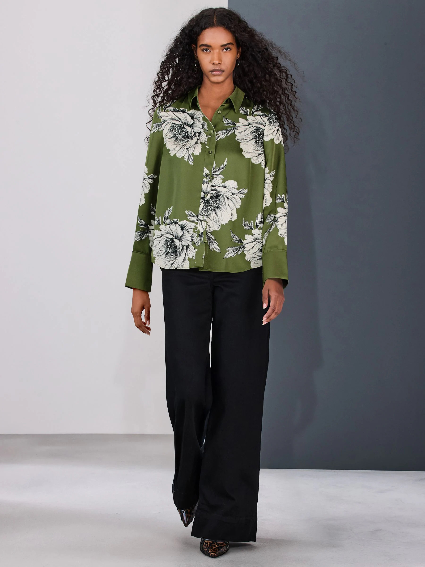 Green/Ecru Floral Print Long Sleeve Shirt