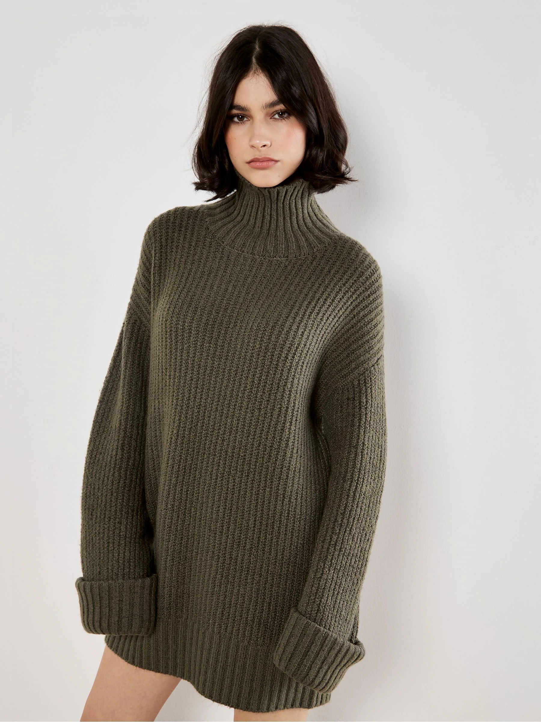 Apricot Green Text Boucle Fisherman Jumper Dress