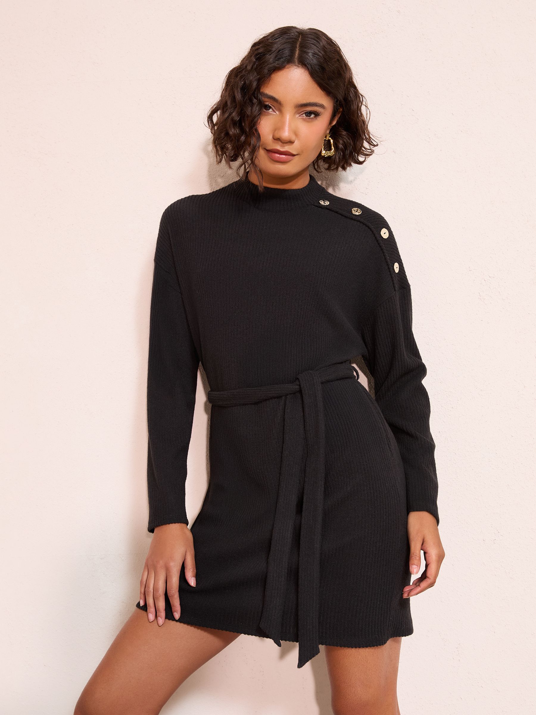 Friends Like These Black Long Sleeve Button Shoulder Tie Belt Cosy Mini Dress