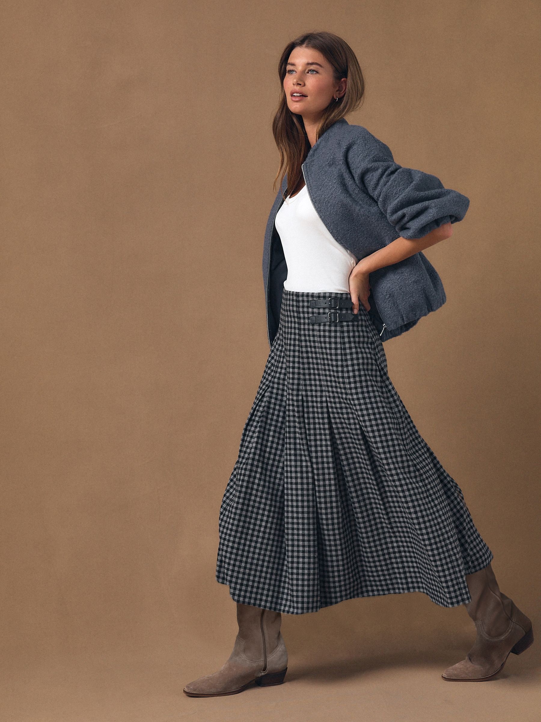 Black/Grey Gingham Midi Kilt Skirt